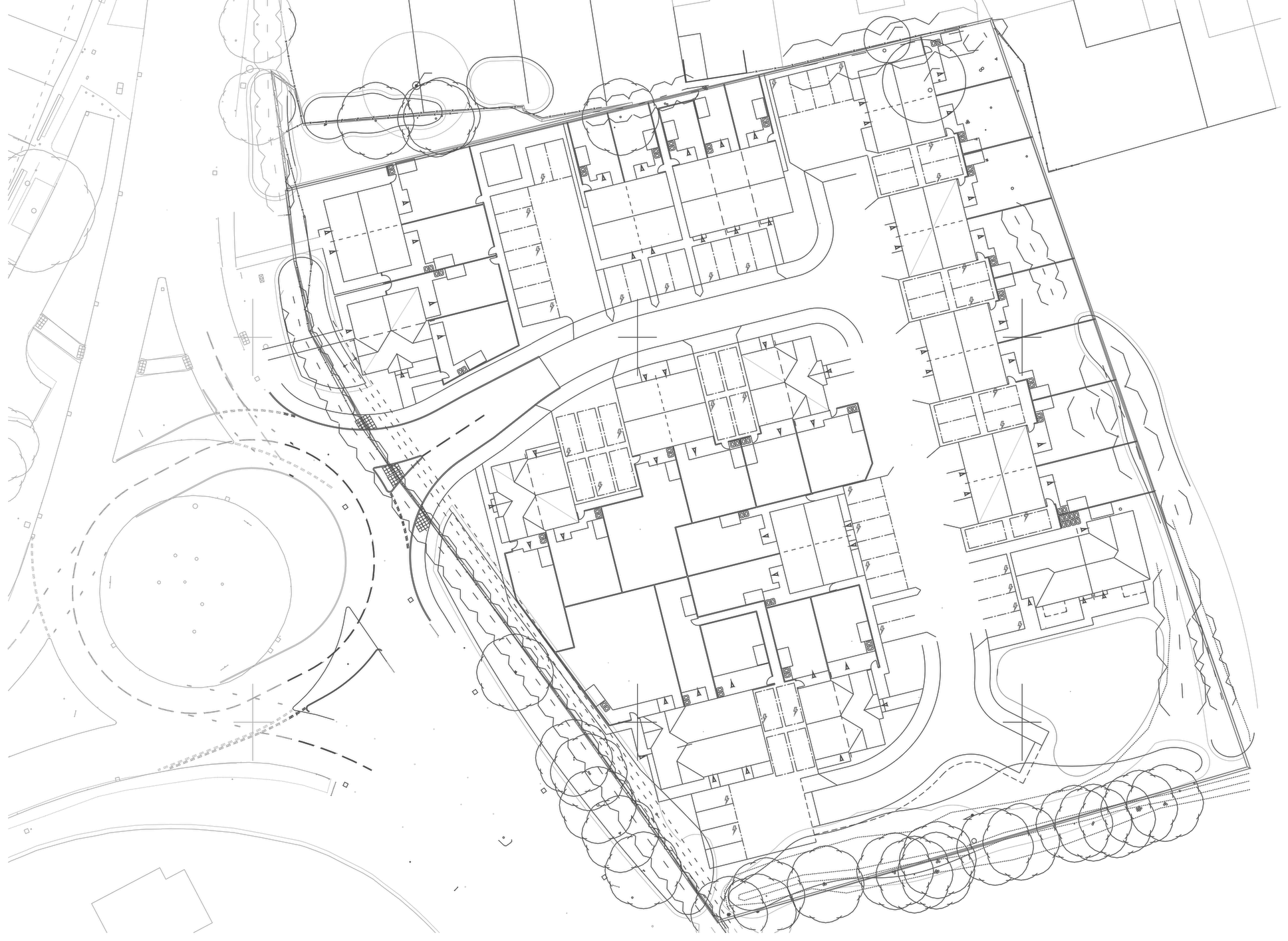 Architect's approved site layout for Redditch Road, Hopwood: 34 homes arranged in two short streets taken off a new access from the roundabout at the lower left, terraces and semi detached pairs along the eastern and northern boundaries, an attenuation pond in the south eastern corner, landscape buffers to every edge and the roundabout and A441 drawn faintly as context