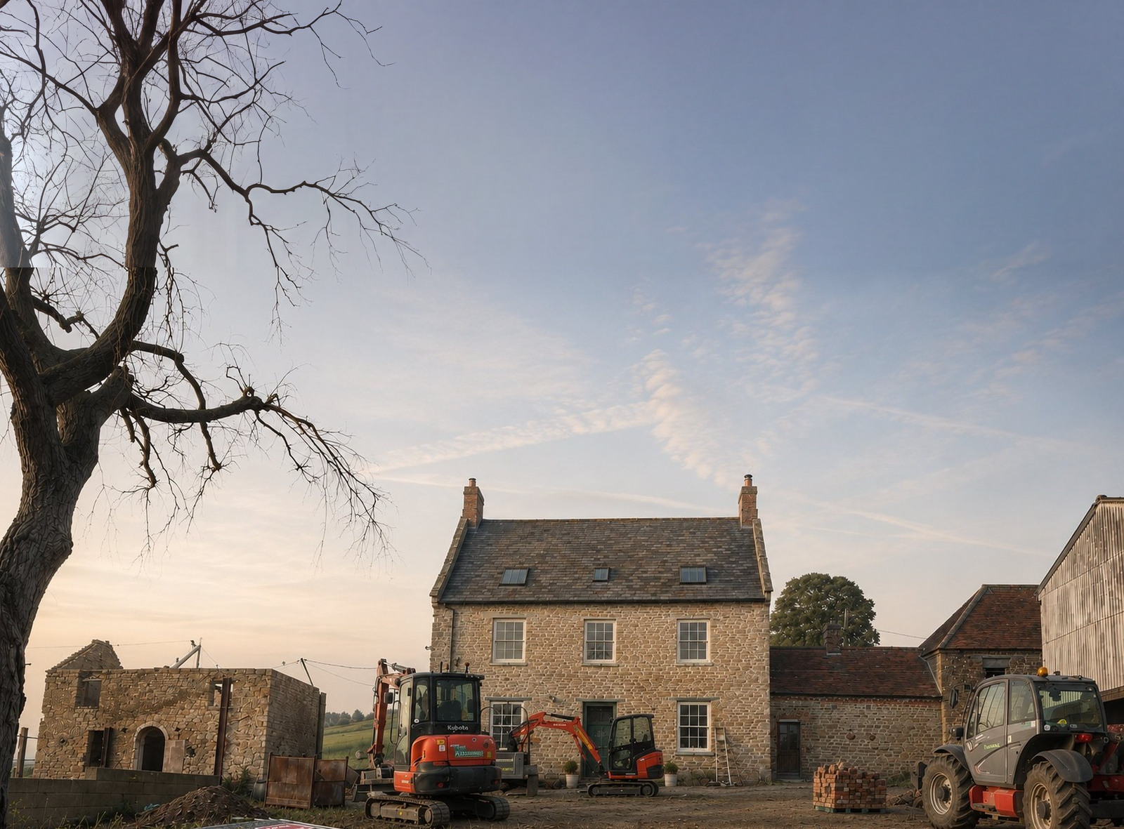 Enhanced photograph of Barby Wood Farmhouse near Daventry with the works under way in 2026, the original sky replaced: a Grade II listed late-Georgian ironstone farmhouse and its attached outbuildings.