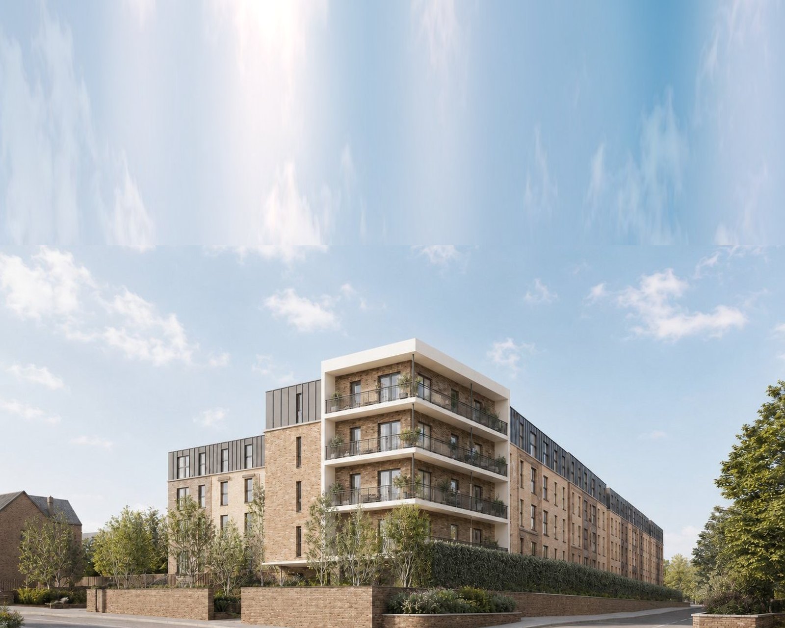 Visualisation of the consented scheme at Newbold Road, Rugby: a part four, part five storey buff brick apartment building with white render banding, recessed balconies and a set back dark zinc top storey. The sky above the roofline is extended.