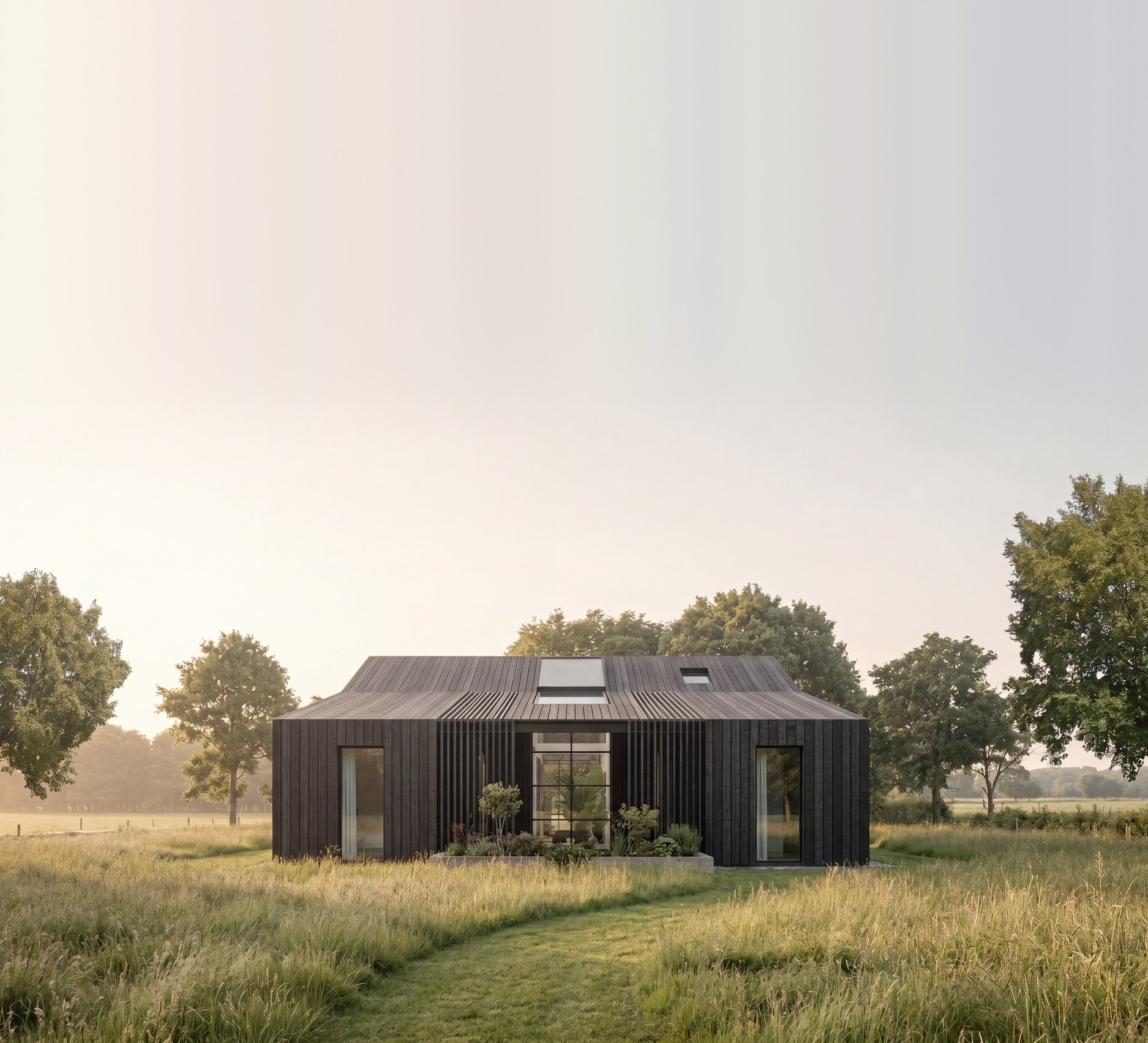 Visualisation of the consented conversion at High Chimneys Farm, Earlswood: a barn clad in dark vertical timber with a glazed gable opening to an internal courtyard.
