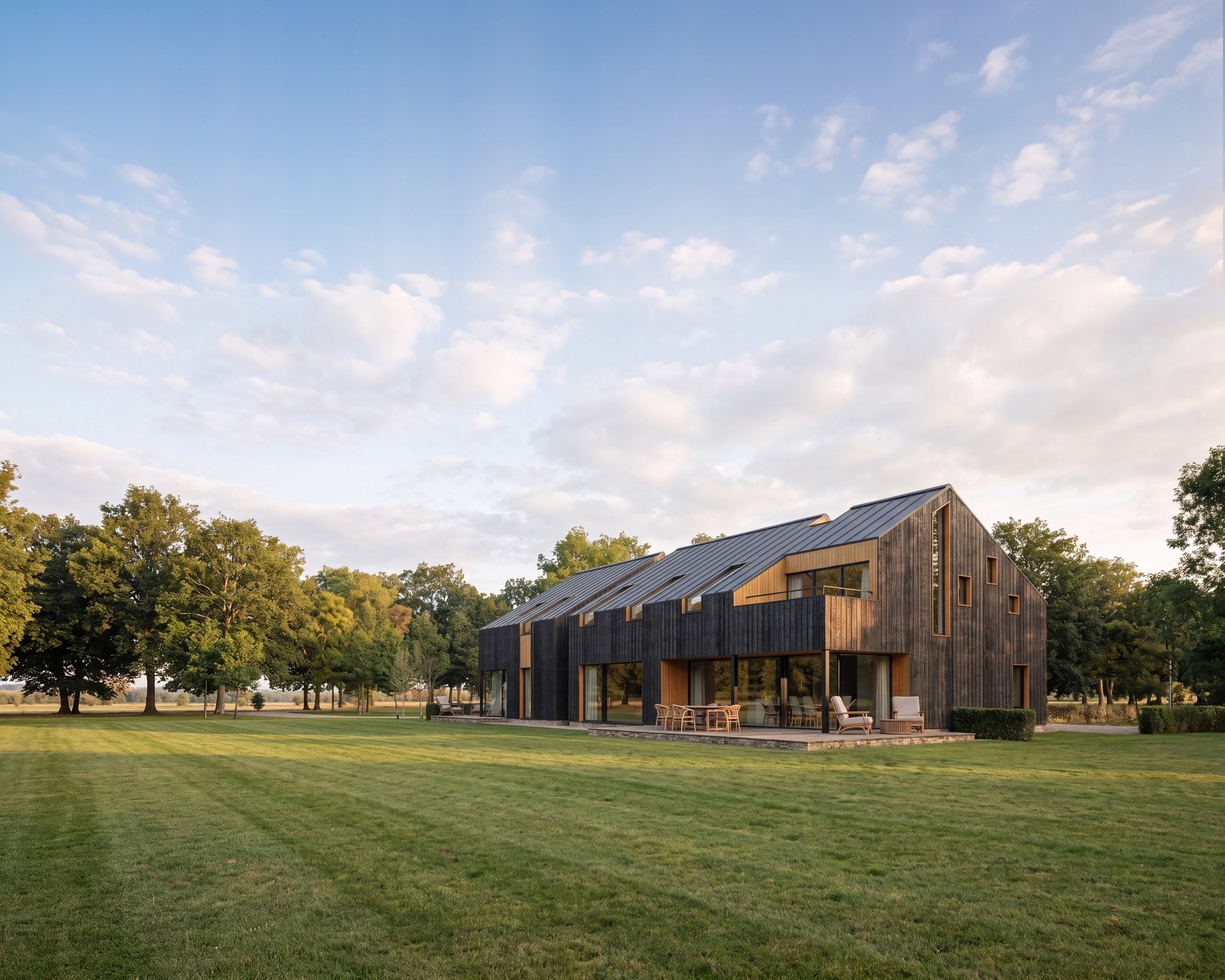 Visualisation of the converted Green Gate Barns, Earlswood, seen from the garden: a steel-framed agricultural barn clad in dark vertical timber under a standing-seam roof, with full-height glazing and a terrace to the rear.