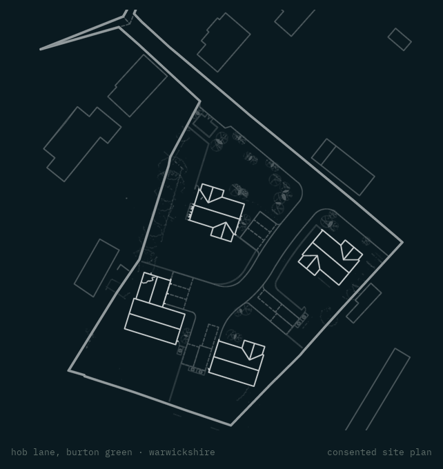 Rickett Architects consented site plan for Hob Lane, Burton Green: four detached houses drawn strong around a central access drive inside the application boundary, with the neighbouring houses and survey shown faint. The scheme whose biodiversity net gain was secured off site.