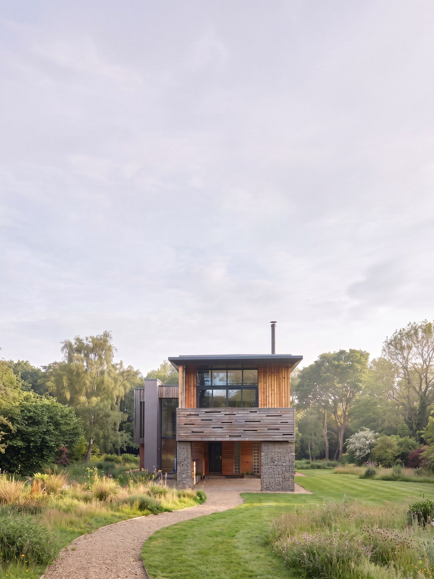 A contemporary house near Weedon, Northamptonshire, in timber cladding on a dry-stone plinth, with the new room built into the recess beneath its cantilevered first floor.