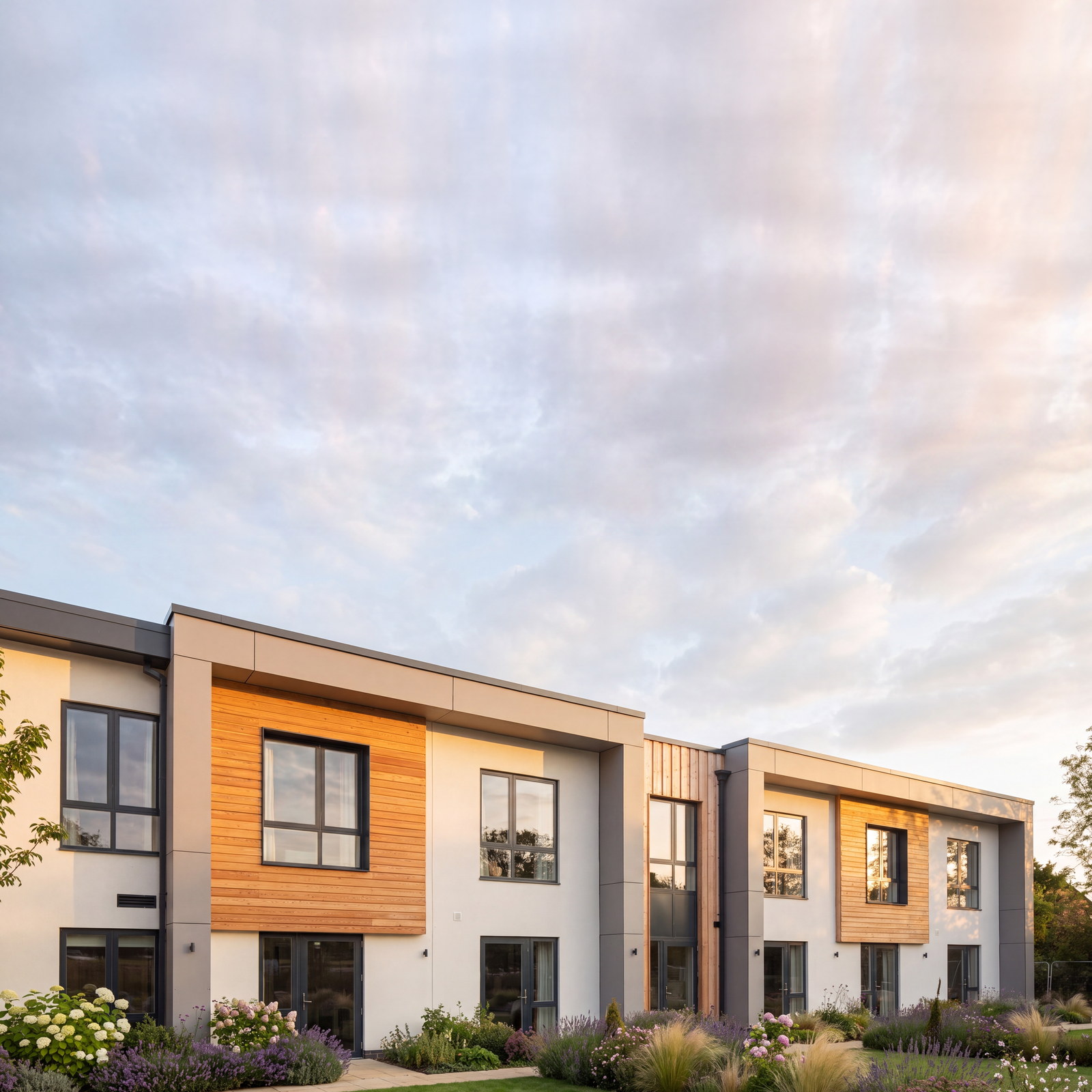 Visualisation of the completed care home at Turweston Road, Brackley: a quiet two storey building in white render with larch clad bays and grey fibre cement panels, above planted borders and lawn. The sky above the roofline is extended.