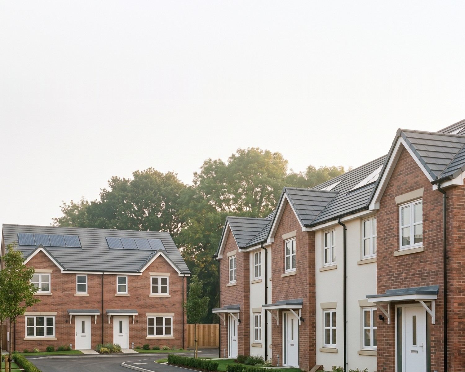 Visualisation of the consented scheme at Broomhall, Worcester: a new street of two-storey affordable homes in antique red brick and chalk render with cast stone sills, slate grey tiled roofs and solar panels, seen along the estate road.
