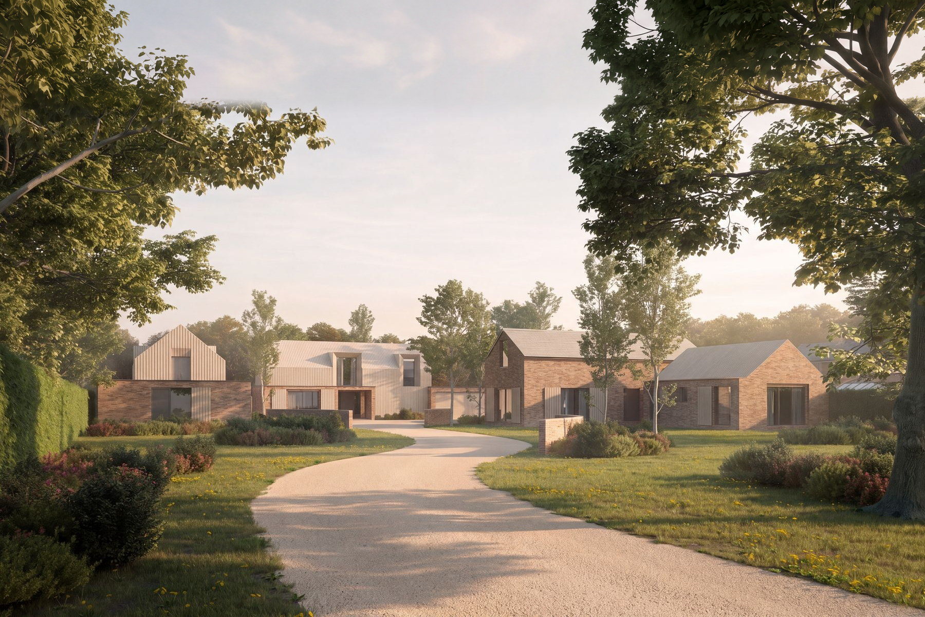 Visualisation of the consented scheme at Brooklands Farm, Southam, by Rickett Architects: a retained brick barn and two new houses set around a former farmyard, seen along the track.
