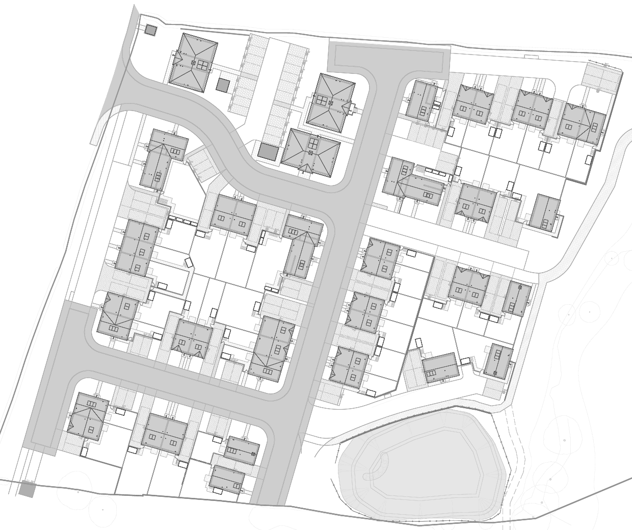 Rickett Architects general arrangement plan for Broomhall, Worcester: seventy houses, maisonettes and apartment blocks laid out along adopted roads and private drives, drawn plot by plot with parking, gardens and boundaries, the attenuation basin at the foot of the site and the planted corridor along Broomhall Brook holding the eastern edge