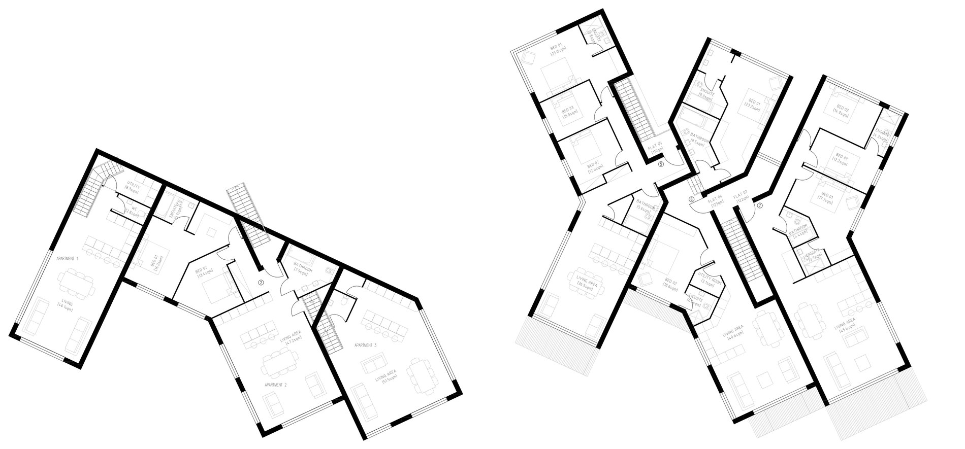 Two Rickett Architects floor plans of The Highfield side by side at the same scale: on the left the lower ground floor, a partial floor with apartments 1, 2 and 3 and their living areas set into the slope; on the right the first floor, flats 05, 06 and 07 fanned around two stair cores, each with bedrooms to the outer ends and a living area opening onto a terrace