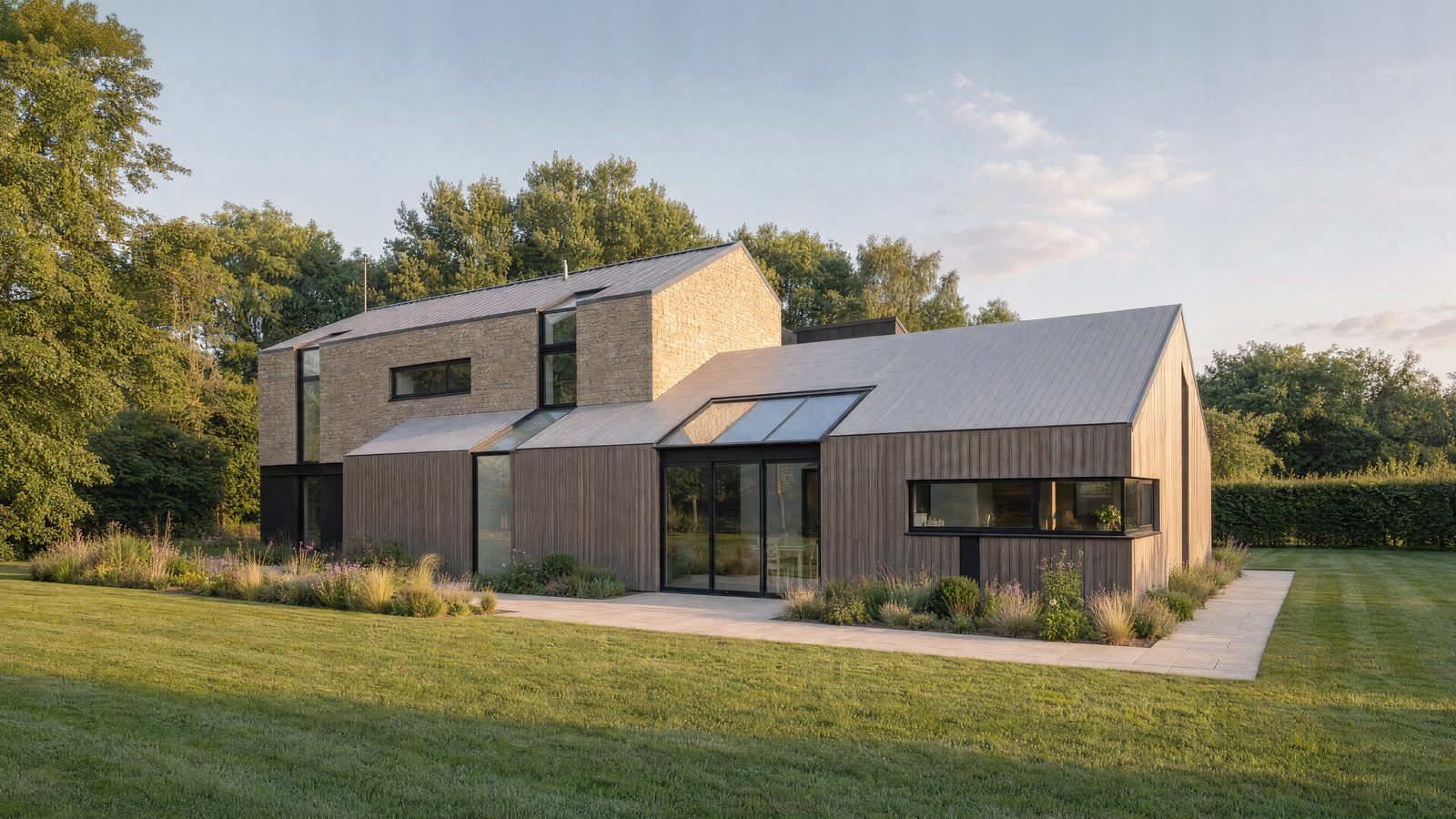 The completed Hazell House, Princethorpe: a contemporary home with a two-storey gable in coursed natural buff stone, single-storey wings in vertical timber cladding, grey standing-seam metal roofs and a glazed link, set in its own lawned Green Belt garden against mature trees
