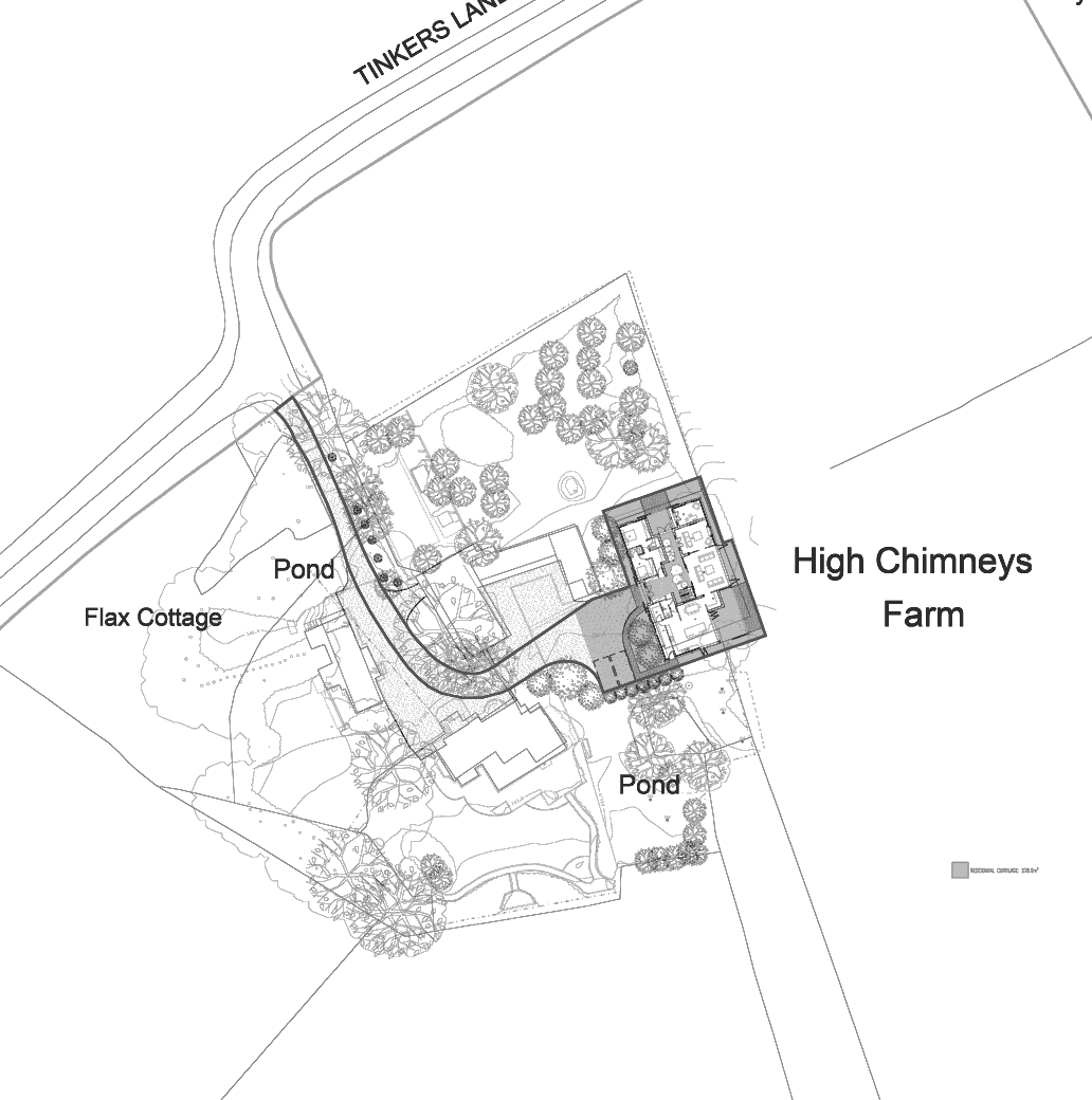Rickett Architects consented site plan for High Chimneys Farm, Earlswood: the barn within its residential curtilage at the east of the farmstead, reached by the existing driveway off Tinkers Lane, with the retained dwelling and ponds nearby and open fields beyond