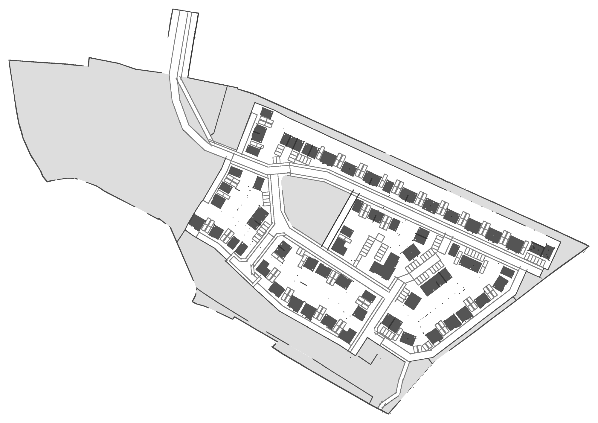 Rickett Architects plot-substitution plan for Frog Lane, Balsall Common: ninety-five house footprints drawn as solid blocks along curving streets and private drives across the eastern half of the site, with gardens and parking between them, a green at the centre, and the western field and southern margin left open