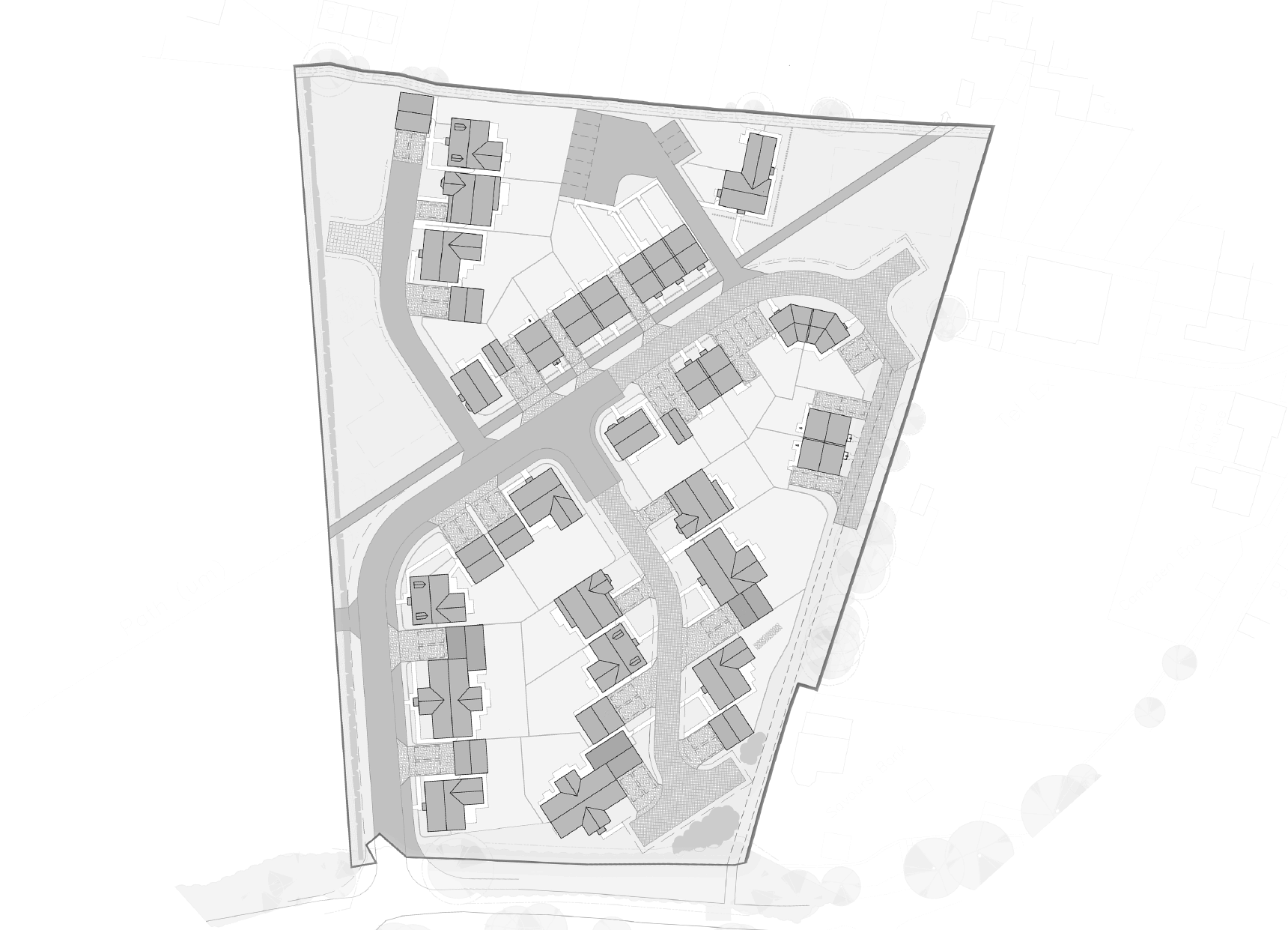 Rickett Architects approved site layout for Jubilee Gardens, Chipping Campden: thirty house plots drawn as roof plans along a gently curving main street, with parking courts, footways, plot boundaries and gardens inside a marked site edge, and the retained trees along Dyers Lane