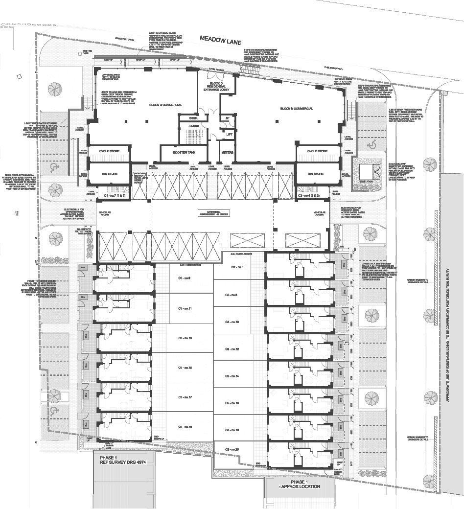 Rickett Architects site plan for Muller Yard, Nottingham: the apartment block with commercial units drawn along the Meadow Lane frontage at the top, rows of townhouses with private gardens running down the site behind it, a central parking court with marked bays and cycle stores, and the application boundary drawn heavy
