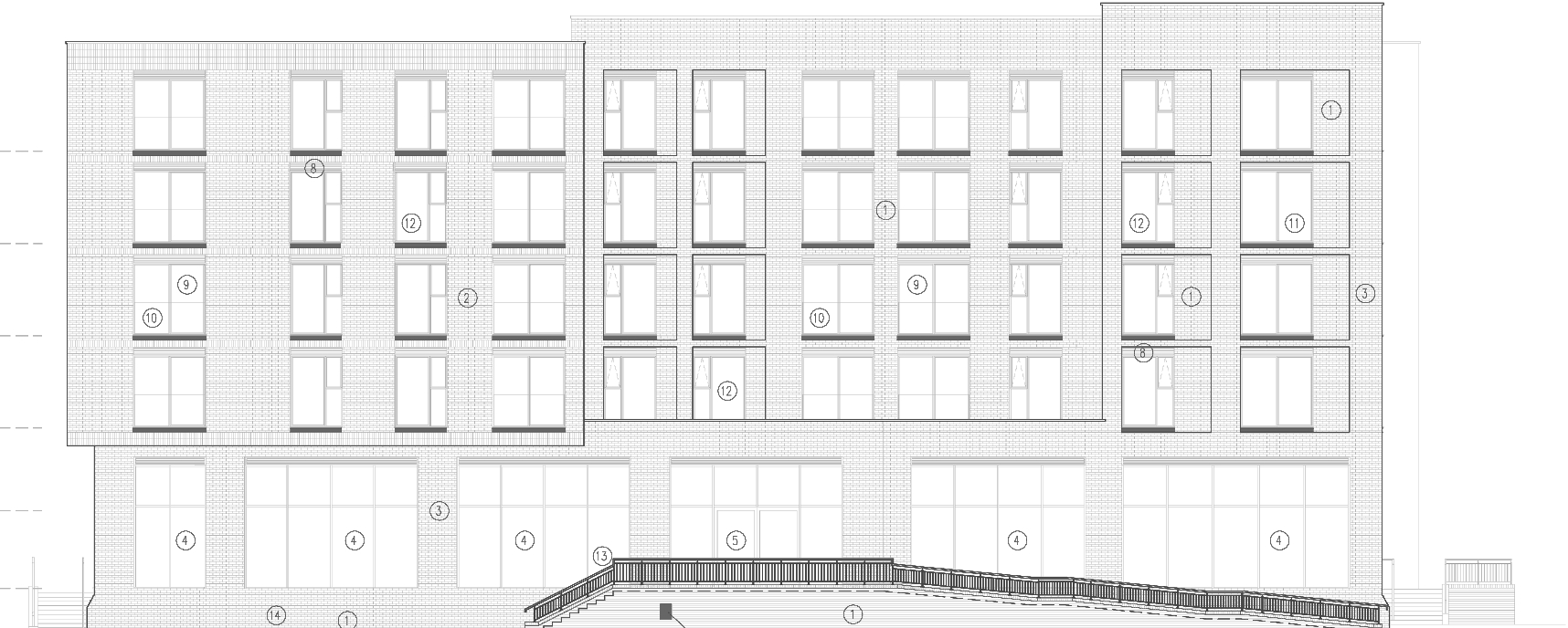 Rickett Architects front elevation of the apartment block at Muller Yard: four storeys of regular window openings over a ground floor of full-height shopfronts, the parapet stepping up at each end, numbered material annotations throughout, and a ramp with steps and railings running the length of the base up to the raised entrance level