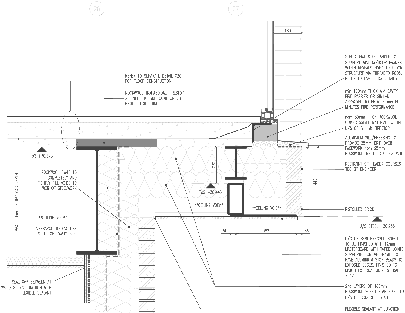 Rickett Architects construction detail D-030 for Muller Yard, drawn in section: a steel beam carrying the first-floor overhang with mineral wool packed to its web and board enclosing it on the cavity side, a trapezoidal cavity firestop above, the window head with its sill and drip below, brick coursing to one side, and written specification notes called up on leader lines down both edges of the drawing