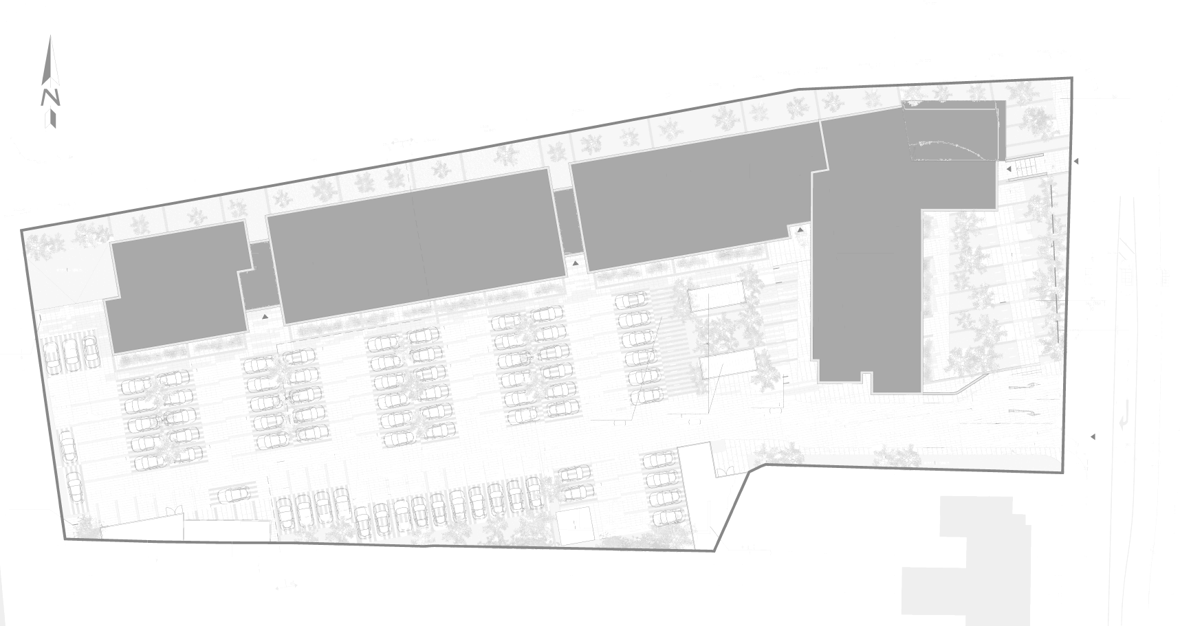 Rickett Architects proposed site layout for Newbold Road, Rugby: the part-three to part-five storey apartment building set along the northern and eastern site periphery on a corner gateway plot, a communal parking and amenity courtyard enclosed to the south and west, and a single vehicular access off Newbold Road