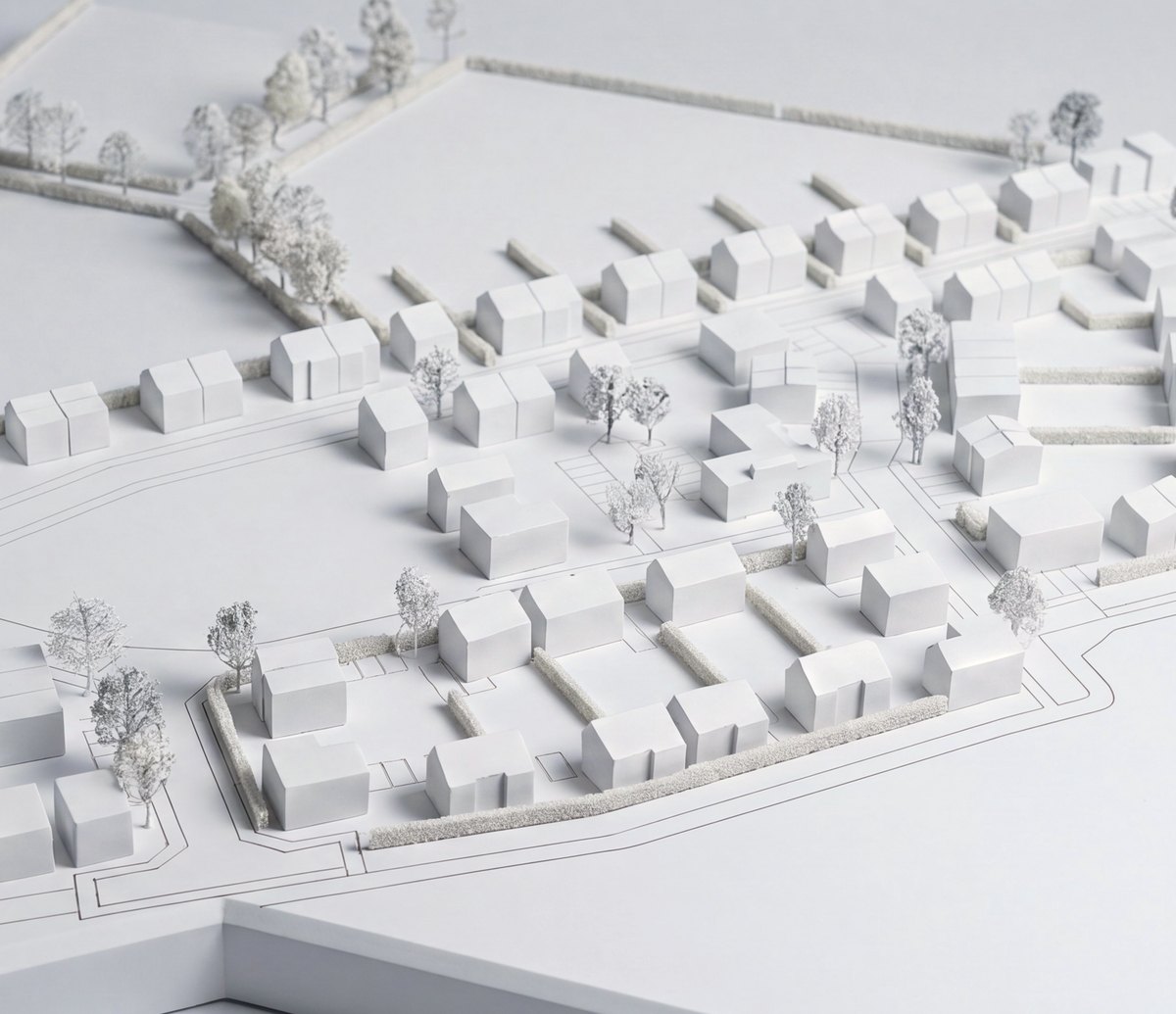 Close view of the white study model at Frog Lane: rows of plain white house forms with pitched roofs along curving streets, fine white model trees between them, and the open field beyond the hedgerow
