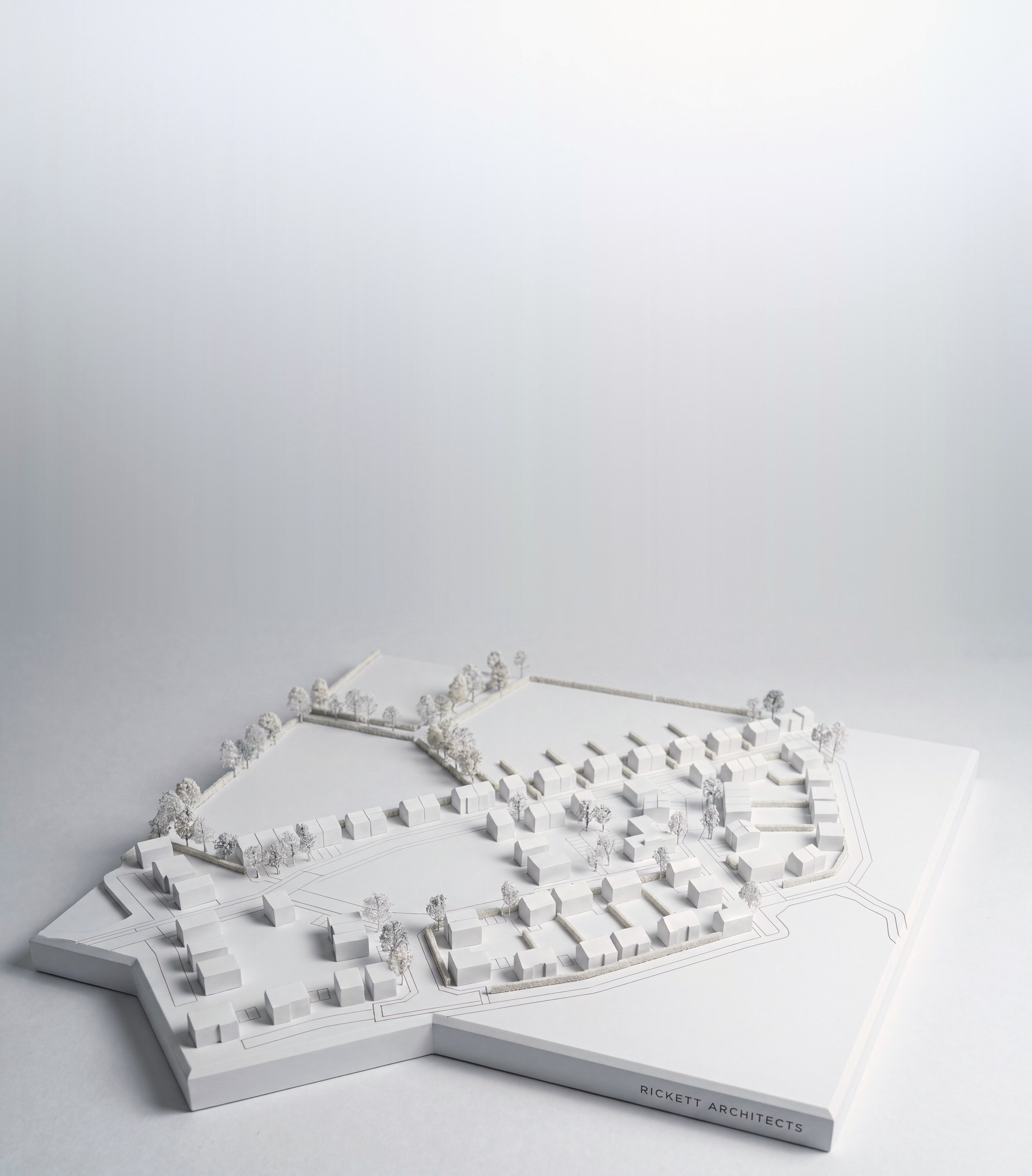 A white presentation model of the tested layout at Frog Lane, Balsall Common, by Rickett Architects