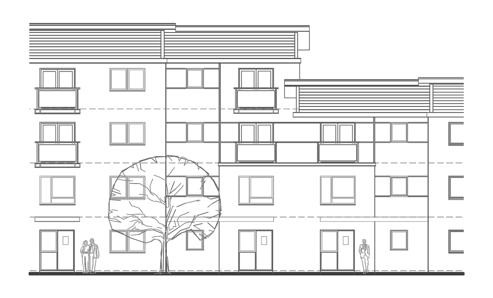 Rickett Architects proposed street elevation for Market Quarter, Banbury: a four-storey apartment frontage in brick and render, stepping in height and plane, with juliet balconies to the upper flats, a recessed top storey behind a horizontal standing-seam parapet, and a street tree and figures drawn for scale