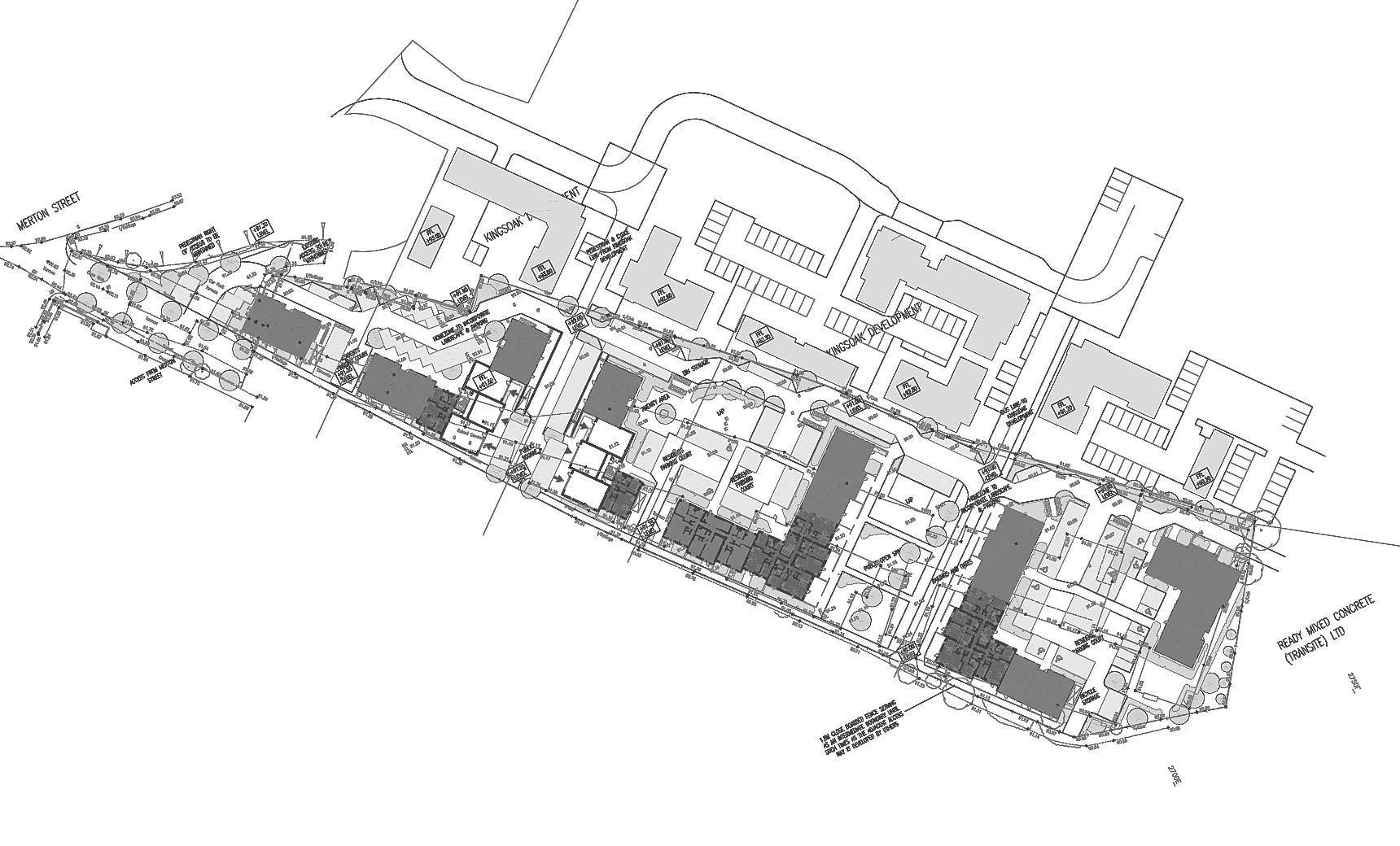 Rickett Architects site layout for Market Quarter, Banbury: six apartment blocks stepped along a narrow linear site, with parking courts, a public square and planted amenity space between them, drawn as toned footprints against the lighter context of the neighbouring development, street trees and site boundaries
