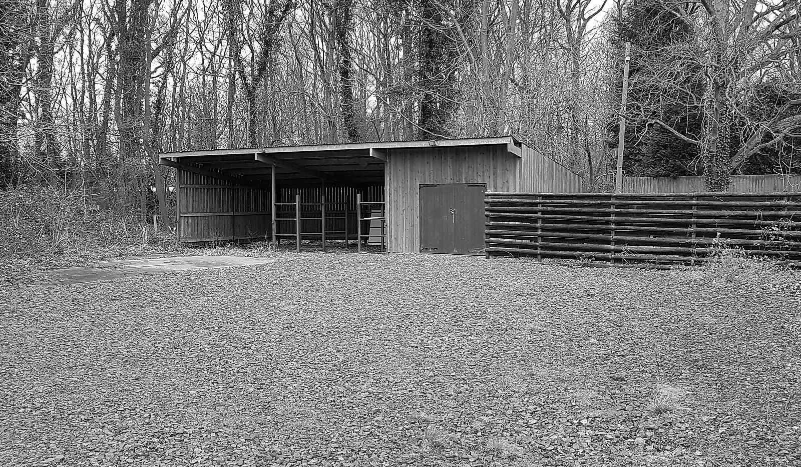 Black and white photograph of the open-faced timber barn as found in March 2019: a deep mono-pitch roof carried on timber posts over an open bay with a slatted timber screen behind it, a closed timber door bay alongside, standing on a gravel yard with a rail fence to the right and mature bare trees behind