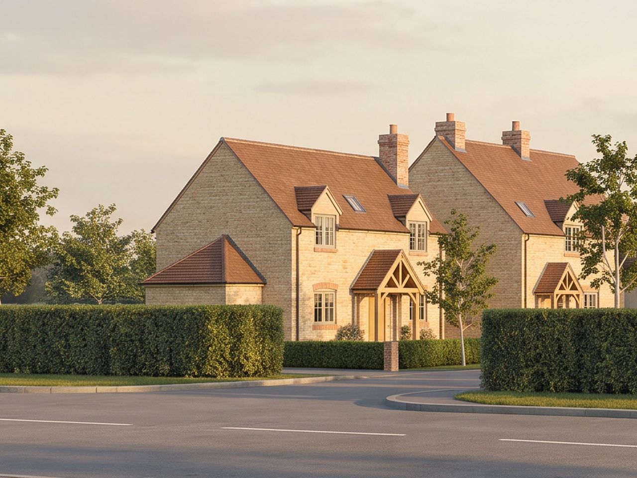 Visualisation of one of the proposed houses seen from the roadside: a pair of one and a half storey houses in warm honey coursed limestone, with red brick chimney stacks, shallow brick arches over the windows, oak framed gabled porches, brown clay tile roofs, and a clipped hedge running along the front of the site