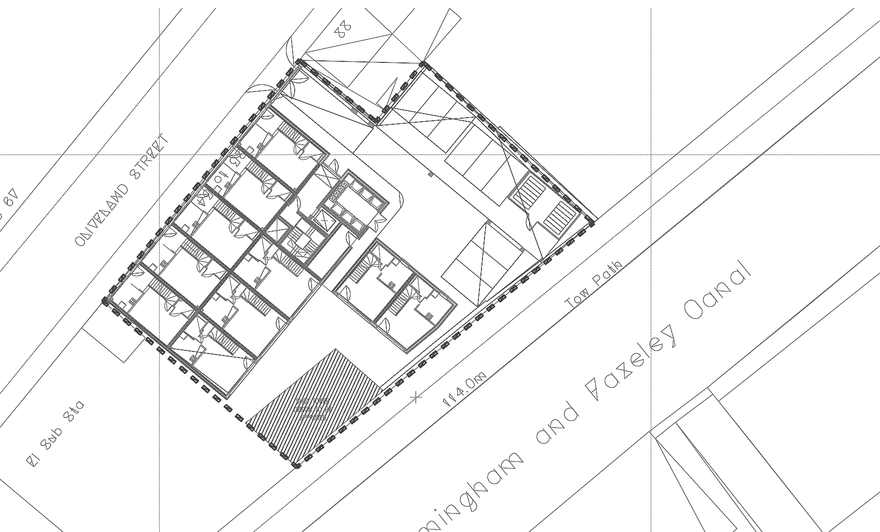 Rickett Architects site plan for Cliveland Street, Birmingham: the six-storey apartment building drawn between the street and the Birmingham and Fazeley Canal, with the towpath along the water, the retained shot tower hatched behind the block, and the neighbouring buildings drawn tight against every other boundary