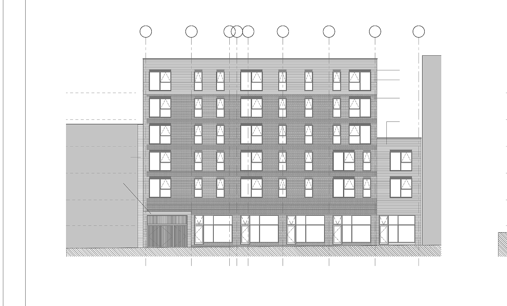 Rickett Architects proposed elevation of the Cliveland Street frontage, Birmingham: a six-storey brick facade with a regular grid of tall window openings, the ground-floor duplex entrances along the base, banding between the floors and the top storey set back behind a parapet