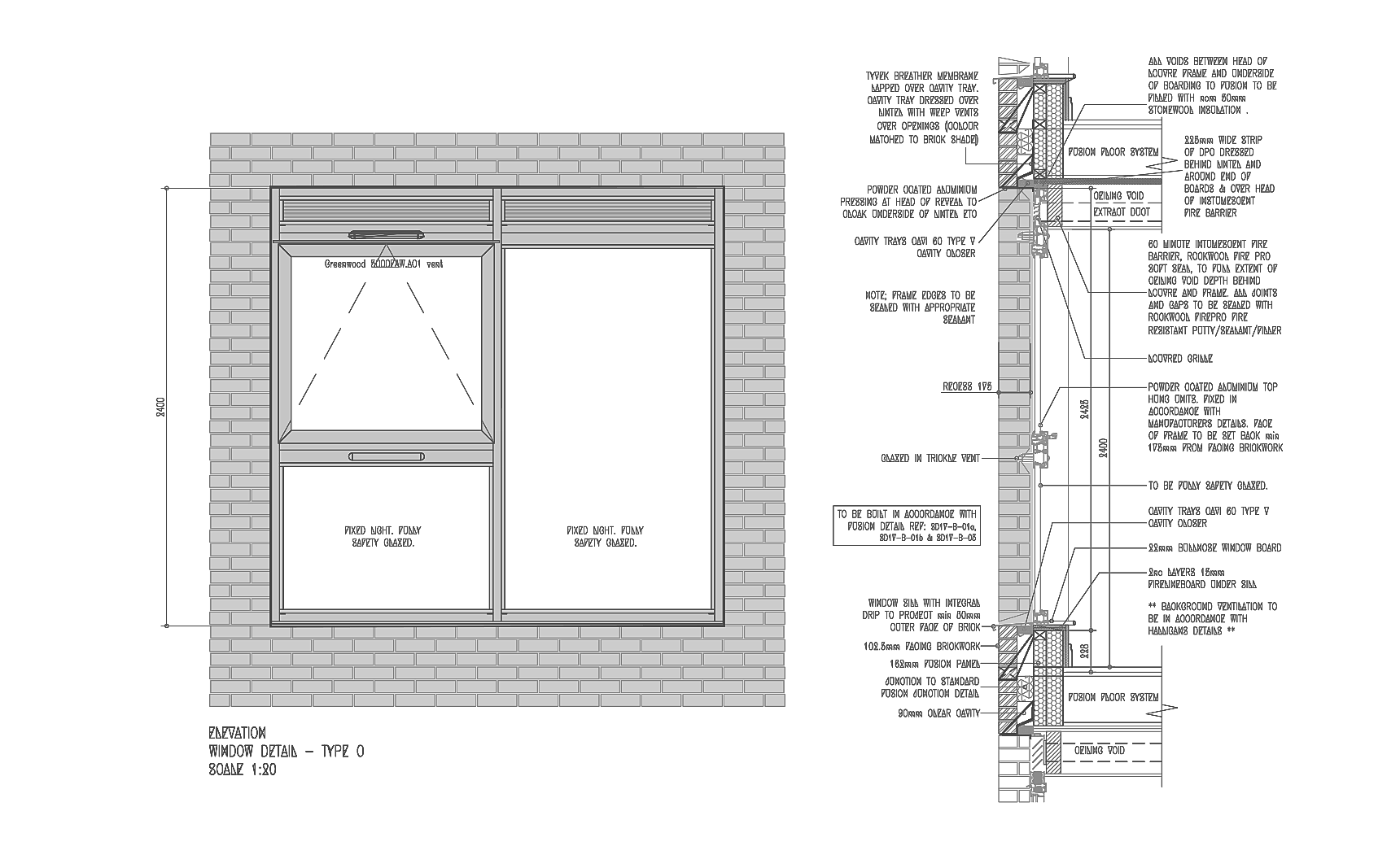 Rickett Architects window detail for Cliveland Street, Birmingham: the window type drawn in elevation in its brick surround, beside a vertical section through head and cill showing the brick outer leaf, cavity, light-gauge steel frame and internal lining, with dimensions and written specification notes on leader lines