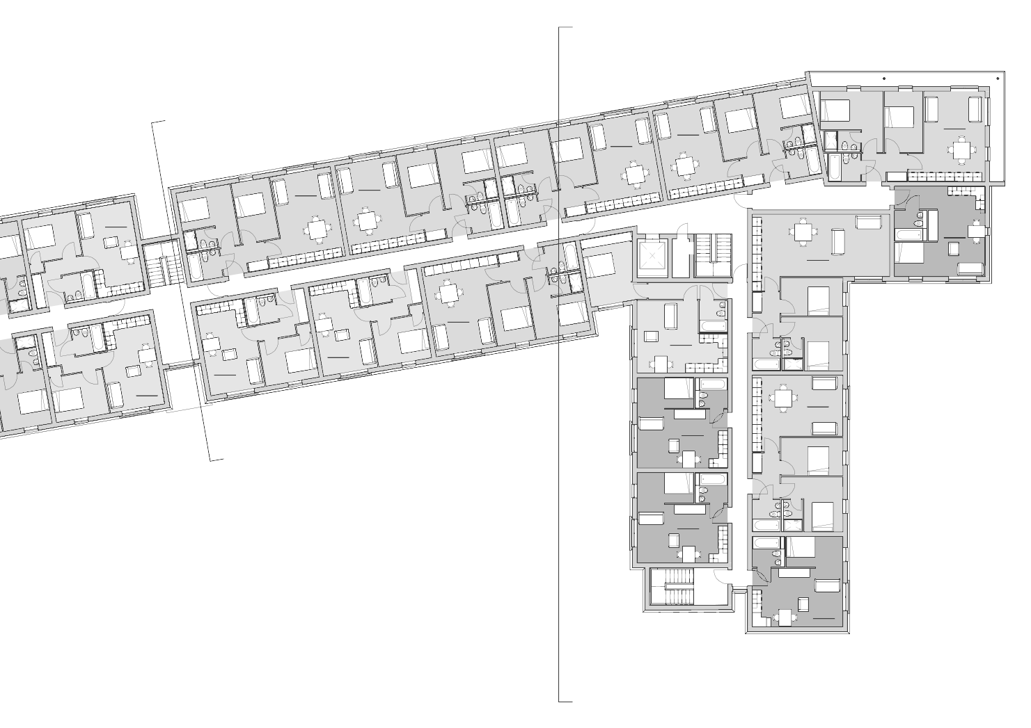 Rickett Architects approved third floor plan for Newbold Road, Rugby, eastern half: furnished apartments either side of a central corridor, each repeating the floor plate below, with the perpendicular wing turning the gateway corner