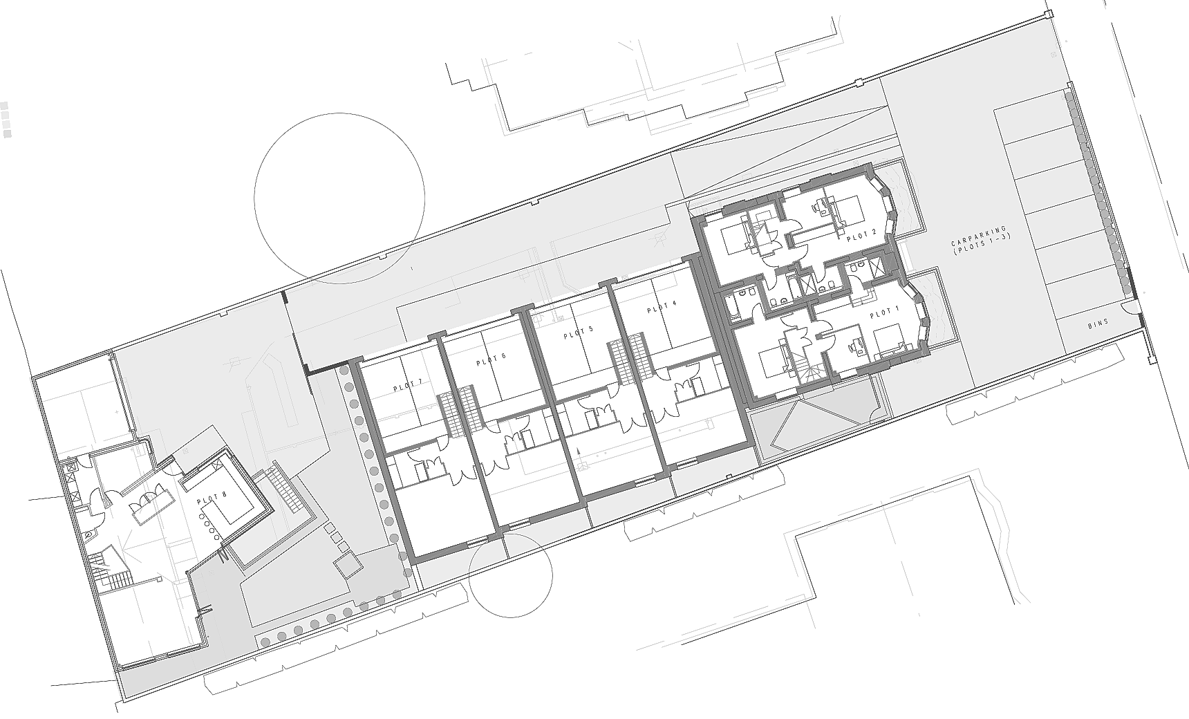 Rickett Architects site layout for Victoria Court, Leamington Spa: the retained period villa converted into three apartments at one end of the plot, a terrace of four new townhouses with private rear gardens in the centre, and the detached Plot 8 with an attached garage at the far end, with boundary walls, parking and planting drawn around them