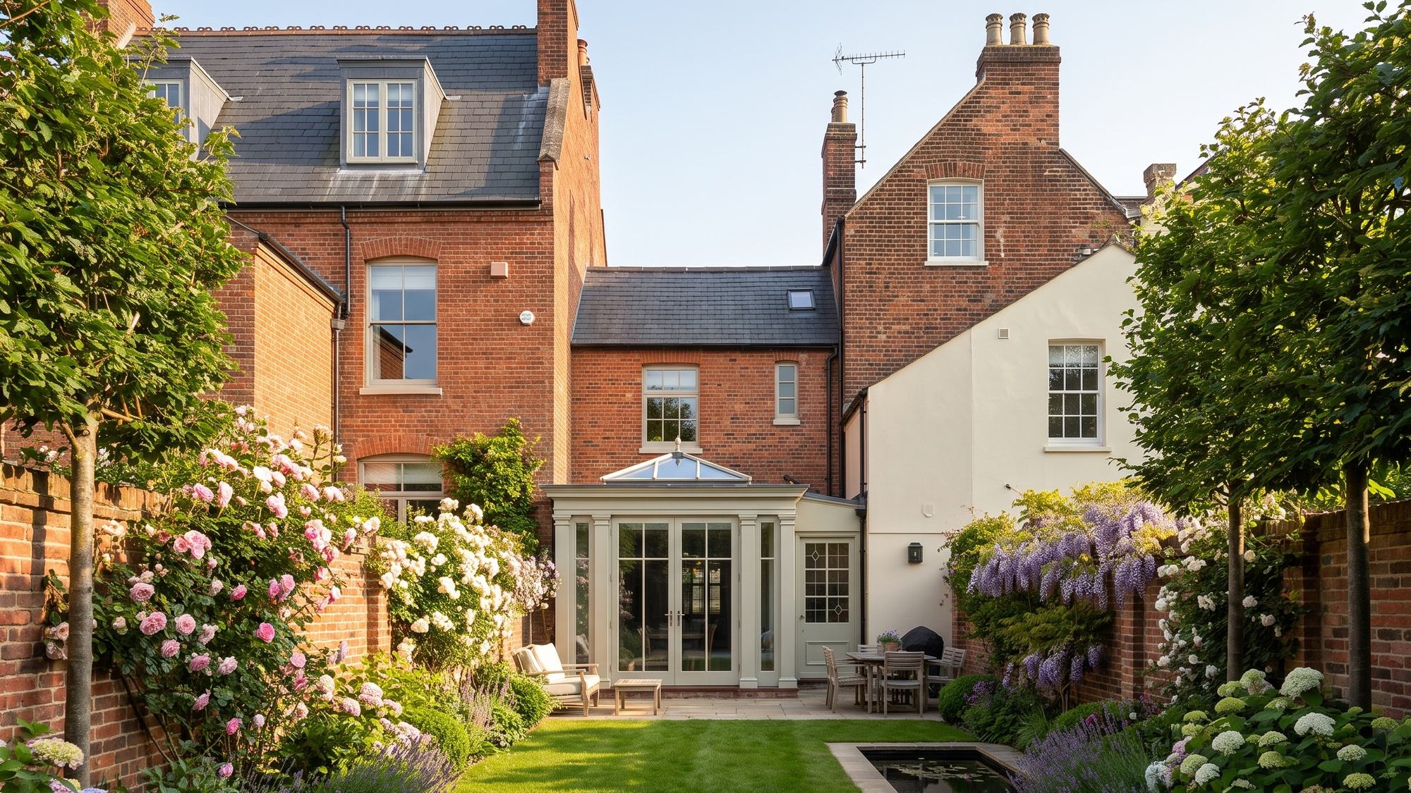 Enhanced photograph of the rear of a Grade II listed Regency terrace in Royal Leamington Spa: the consented timber orangery with its glazed front and central roof lantern, opening onto a walled garden of roses, wisteria and lavender in golden light