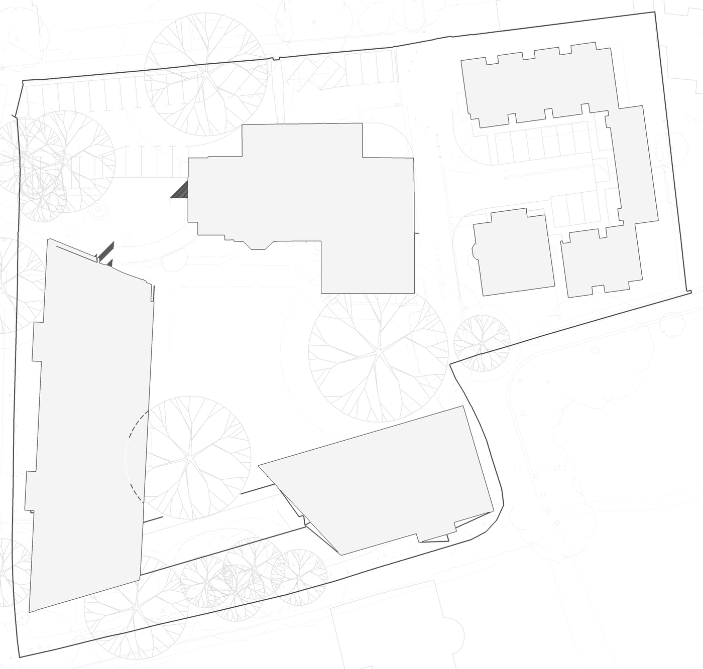 Rickett Architects consented site layout for Caldecott Square, drawing pa-010H: the site boundary drawn heavy around three plots, the retained listed building set in an open courtyard at the centre, new apartment blocks along the northern and western edges, mews buildings to the south, and mature trees drawn faintly across the site