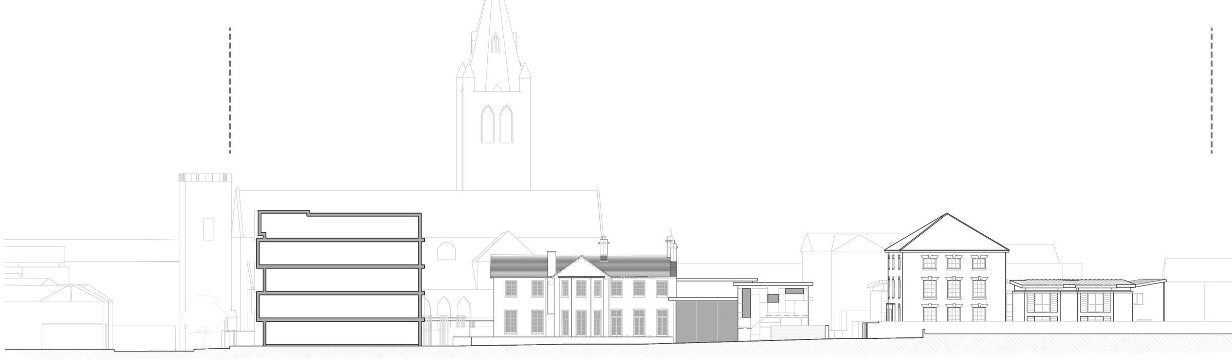 Rickett Architects site section C-C through Caldecott Square: a new apartment block cut in section at the left drawn in the heaviest line weight, the retained listed building and Marjorie Hume House standing in elevation beyond in a medium weight, and the spire of St Andrews Church with the surrounding town roofs drawn faintest, all on a continuous ground line