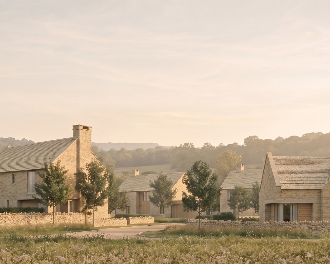 Visualisation of the consented scheme at Oakridge Lynch: gabled Cotswold stone houses along a lane behind dry-stone walls, with young trees, wildflower verges and the wooded slopes of the Golden Valley beyond.
