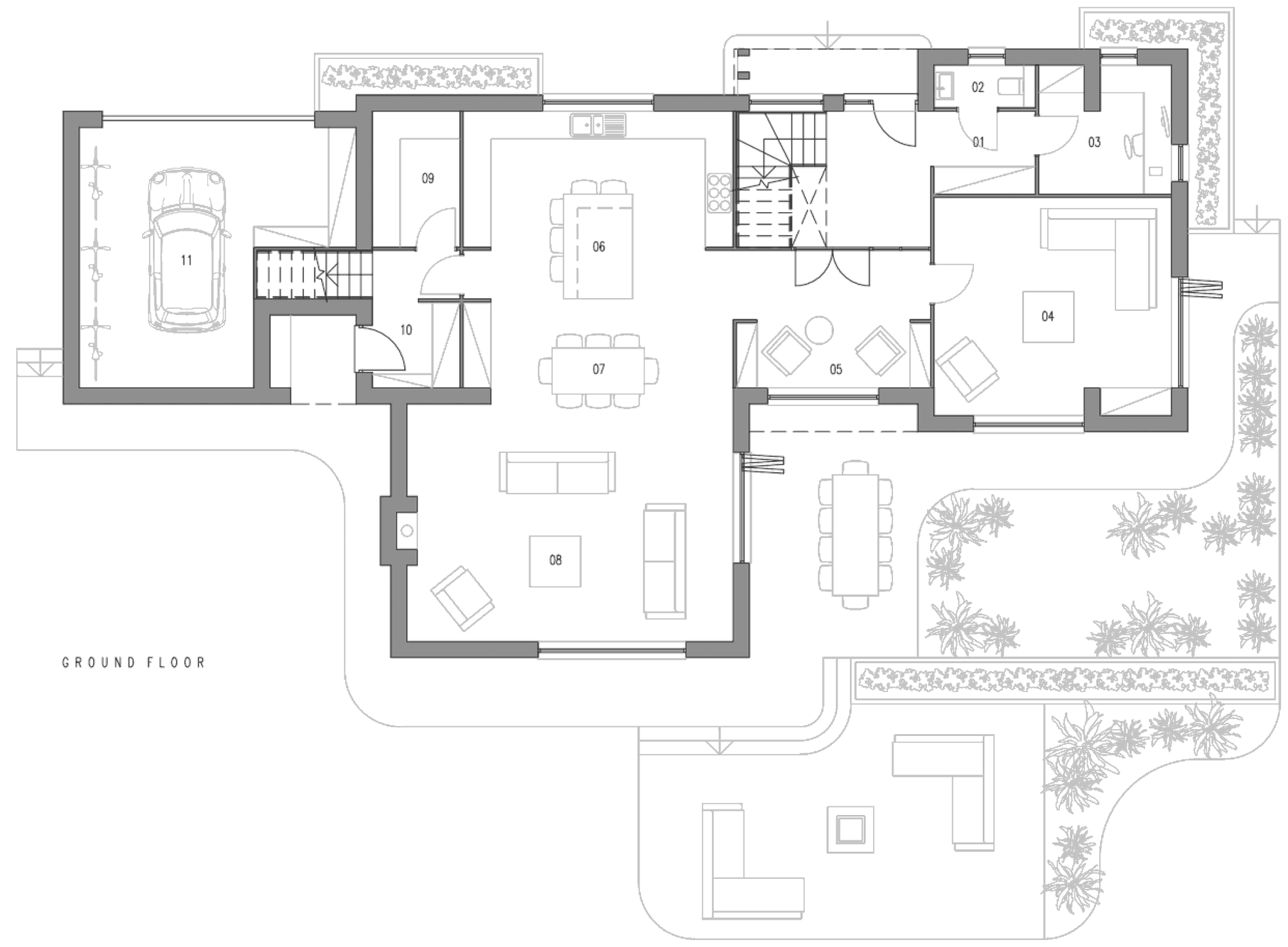 Amended ground floor plan of the larger house at Timbercombe Lane: a garage at the western end, a boot room and utility beside the entrance, an open kitchen and dining space through the centre with a living room to the south, and a lounge and snug forming a squared-off eastern end, with terrace and planting drawn beyond