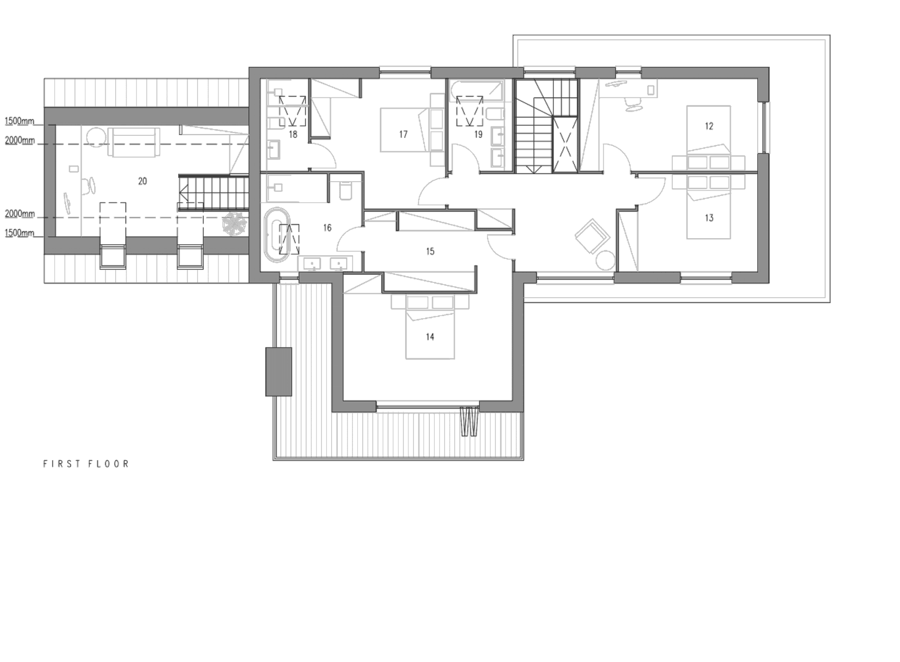 First floor plan of the larger house at Timbercombe Lane: four bedrooms with two en-suites, a dressing room and a family bathroom arranged along a central landing, with a study over the garage at the western end
