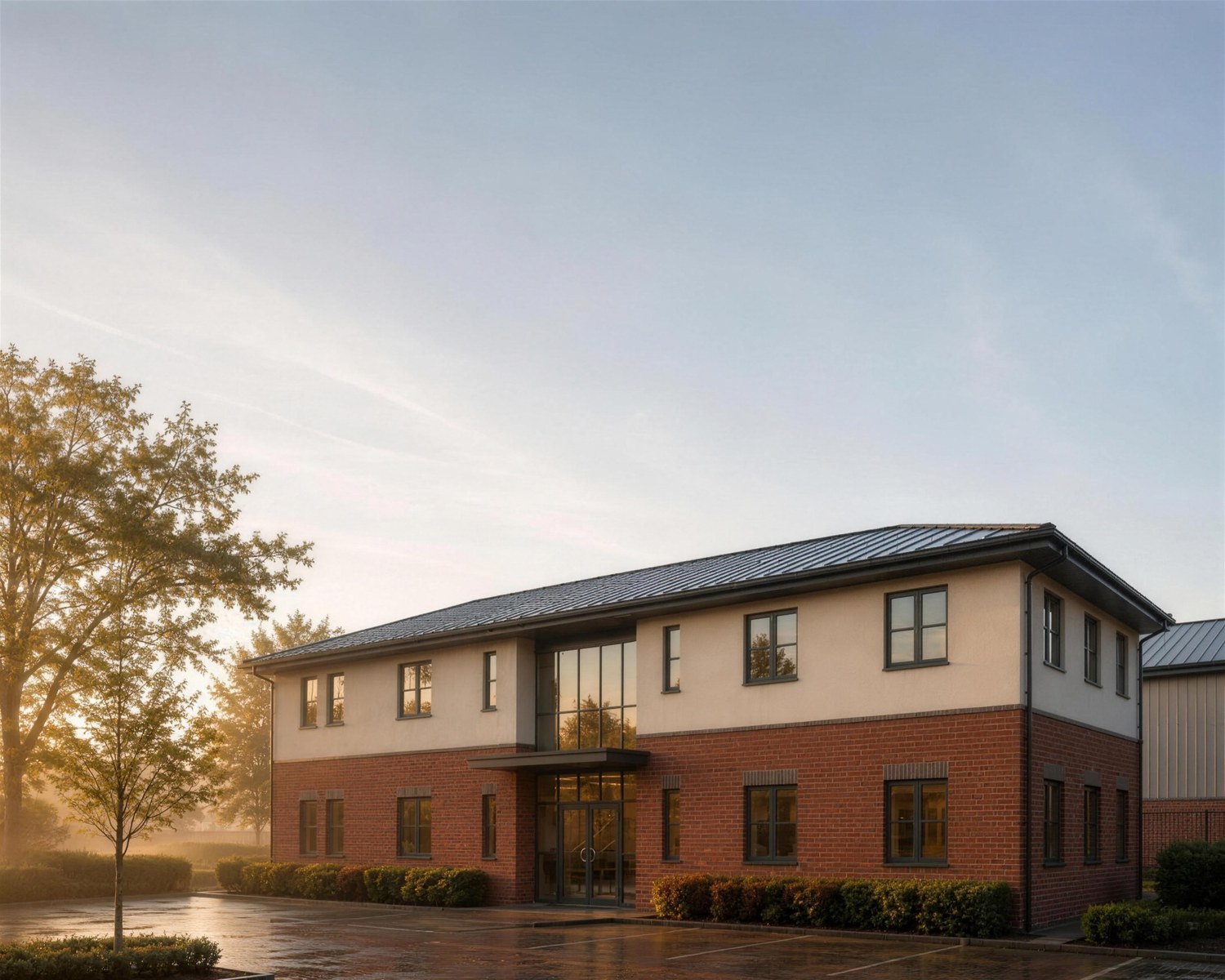 Visualisation of the consented office at Avonbury Business Park, Bicester: a two-storey building in red brick below and render above, with dark window frames and a shallow hipped roof, seen across the parking court at sunrise.
