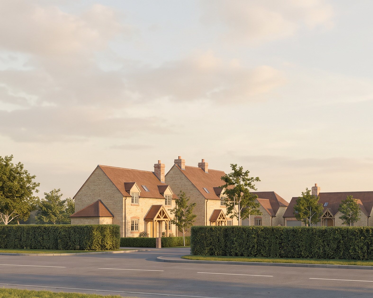Visualisation of the proposed houses at Butlers Marston: a run of stone homes with clay tiled roofs, brick chimneys and oak porches, ridge heights stepping down along the row, seen from the road behind the retained hedge in evening light.