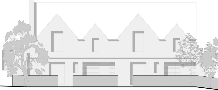 Part of the proposed street elevation at Oakridge Lynch, drawing 3219-s3-700E: a terrace of gabled stone houses with regular window openings, low garden walls along the street and mature trees at either end. A drawing, not a photograph.