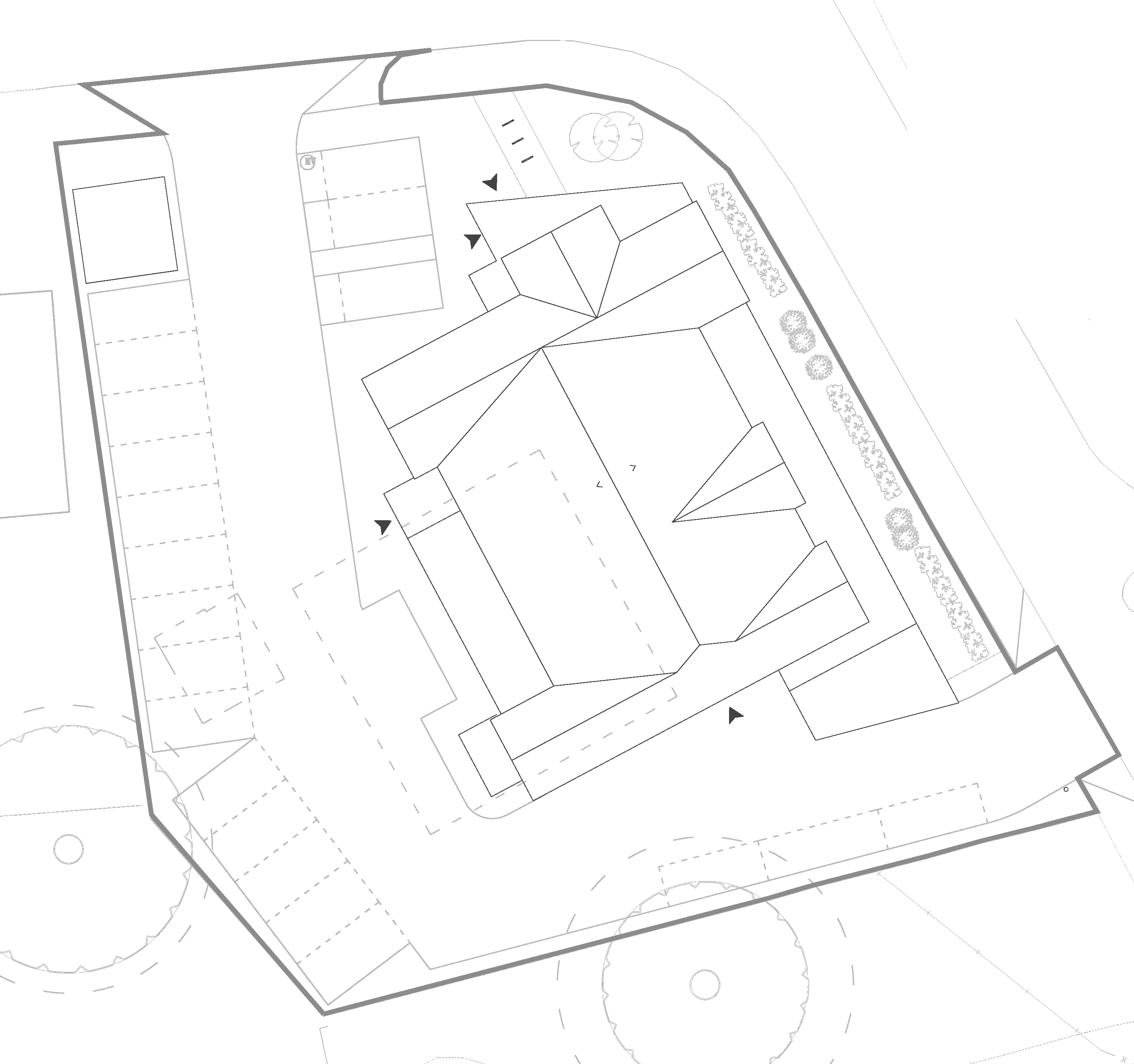 Proposed site plan for the former Keresley Clinic corner: the mixed-use building drawn as a roof plan of interlocking pitches inside the site boundary, a run of parking bays along the western edge, the existing access off Thompsons Road and a new access off Bennetts Road marked, new planting along the eastern footpath, and the root protection areas of trees just outside the southern boundary shown as dashed circles