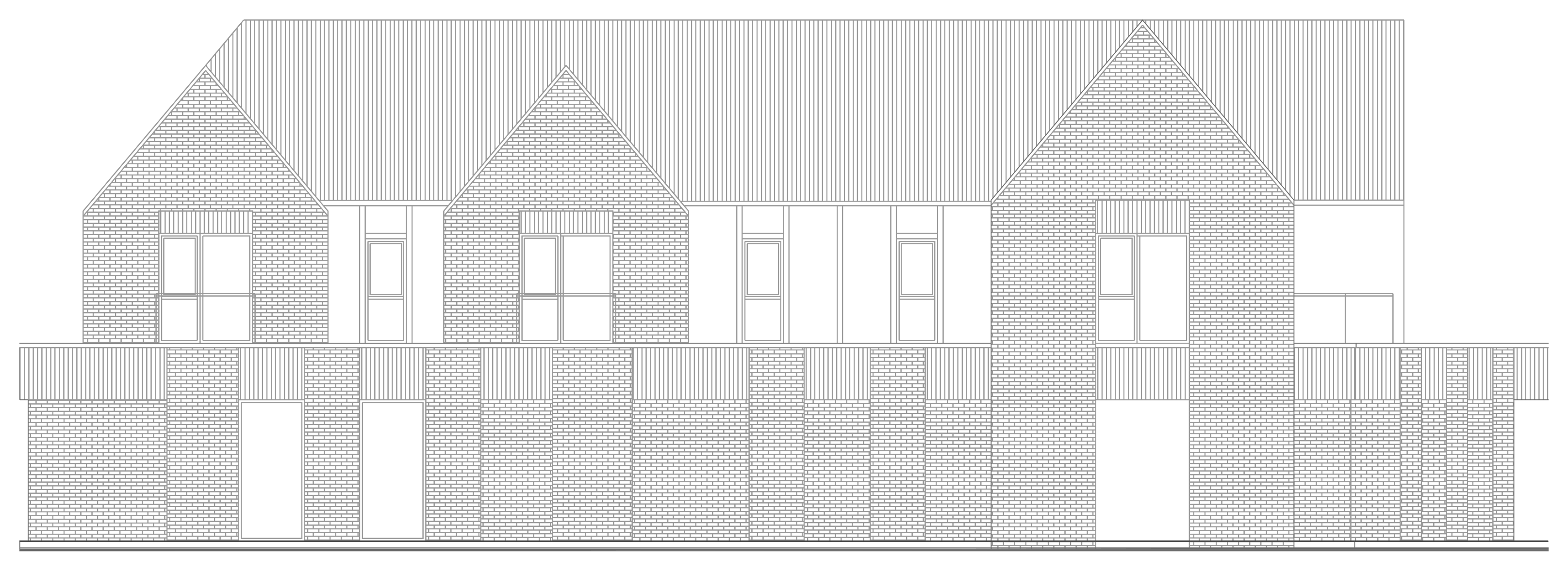 Proposed Bennetts Road elevation drawn in fine line: a red brick ground-floor base with wide openings, a continuous banded brick course at first-floor level, and above it three pitched brick gables with regularly spaced windows and a lower set-back flat-roofed element to the right