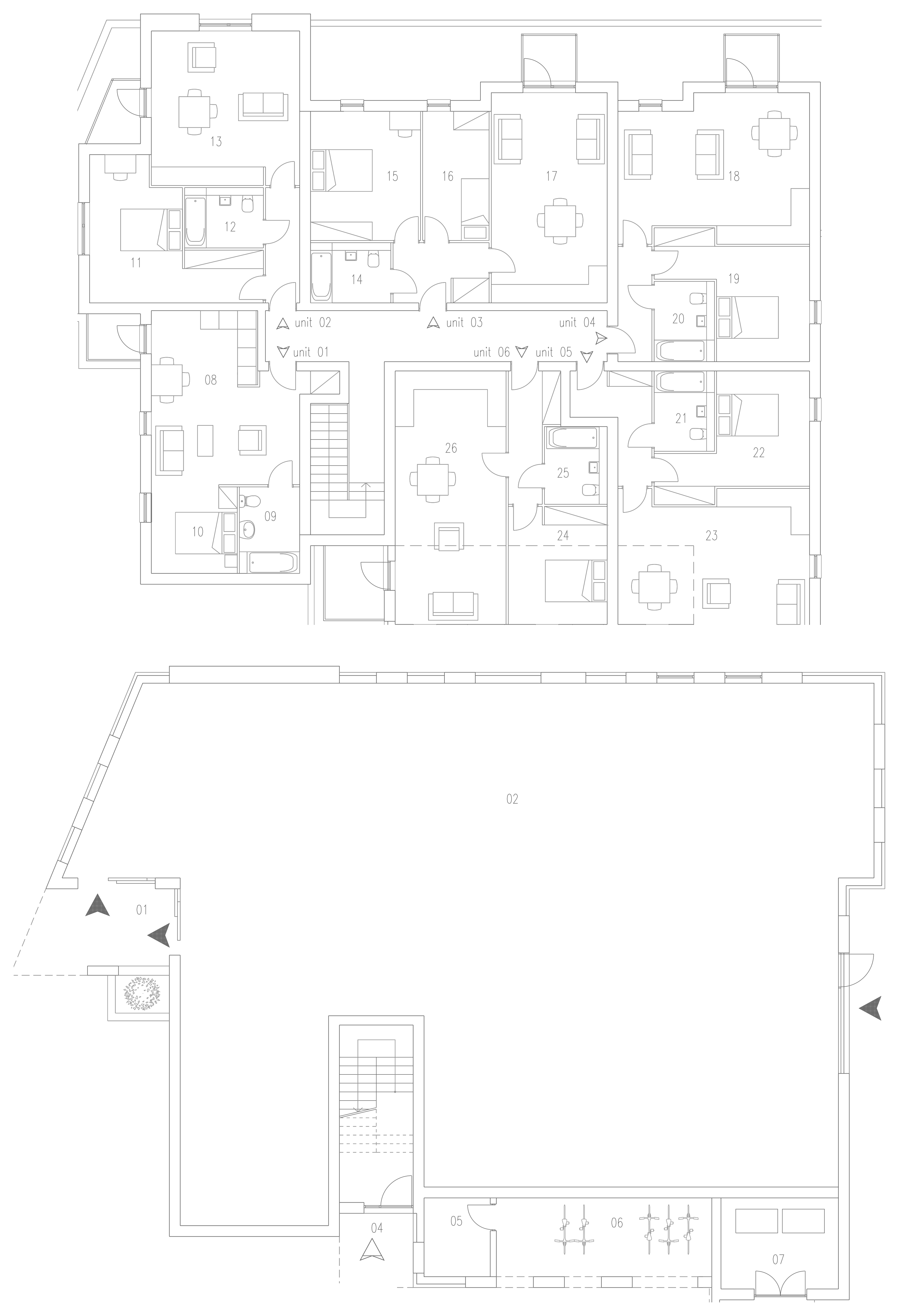 Proposed floor plans stacked one above the other: the first floor at the top showing six furnished flats numbered unit 01 to unit 06 arranged around a central stair core, with bedrooms, bathrooms and open living and kitchen spaces; and the ground floor beneath showing the single open retail span, the separate residential entrance and stair, and the plant, bin and cycle stores along the rear