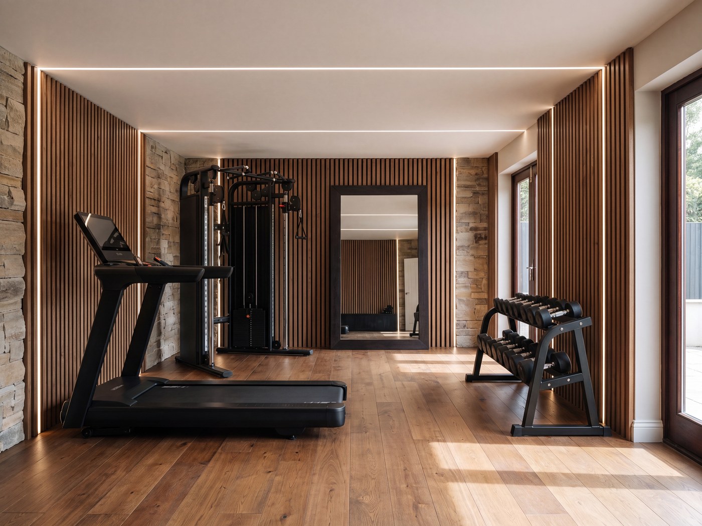 Indicative visualisation of the private gym: black equipment on a timber floor, glazing onto the garden