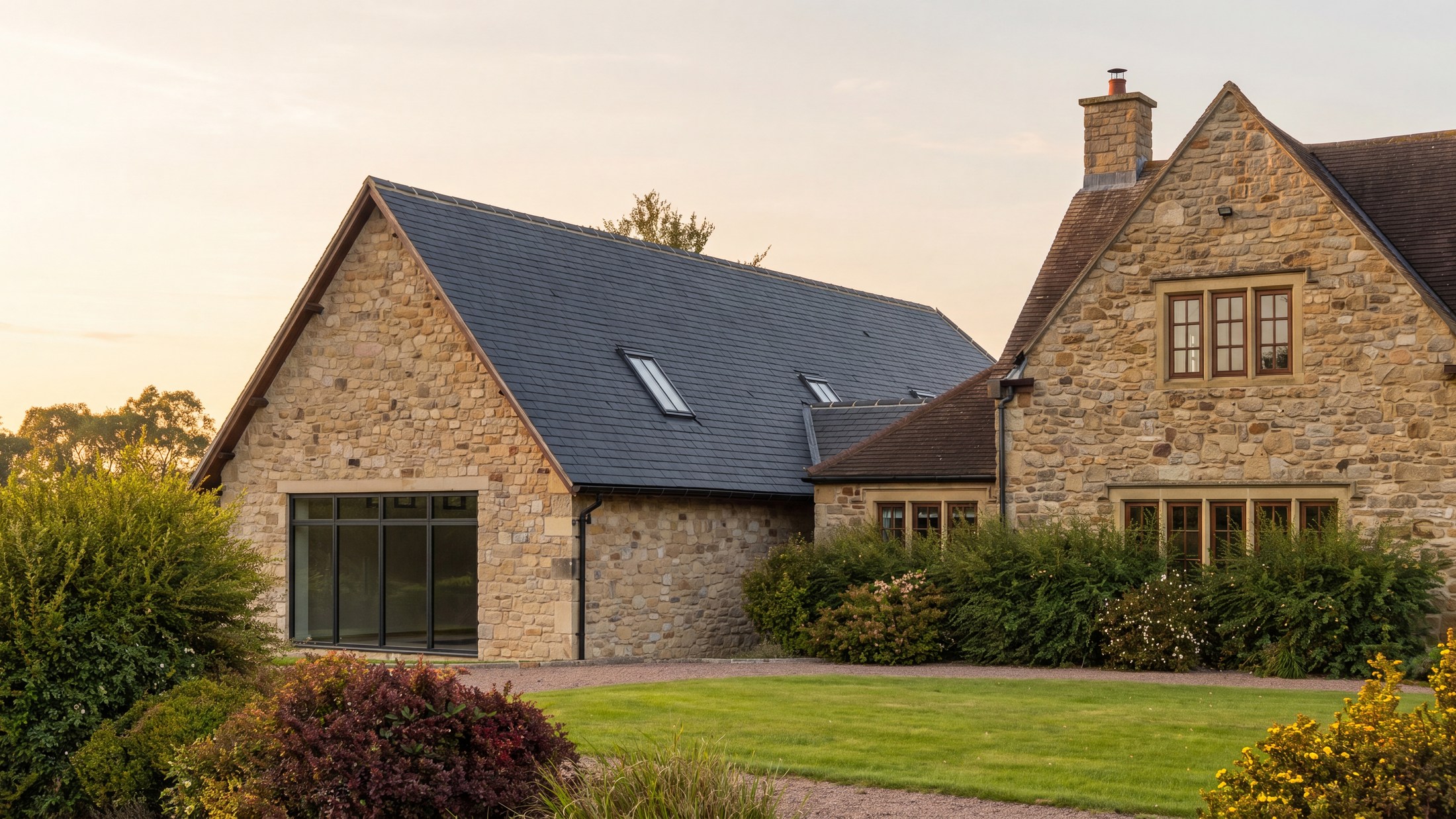 Visualisation of the completed wing at a Northumberland country house: local stone, a tall pool window