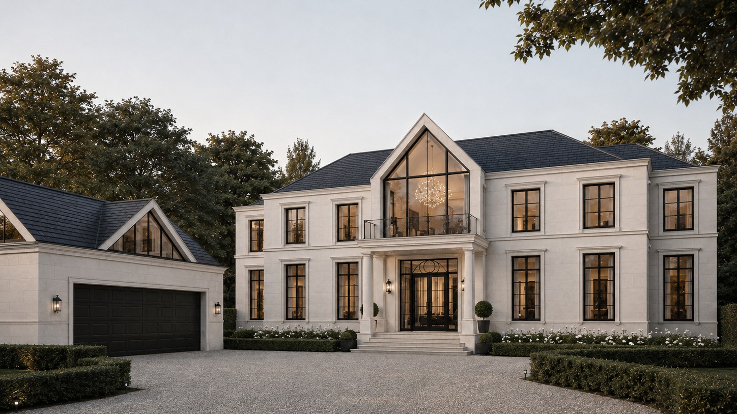 Visualisation of the entrance front: a two-storey pale stone house under a dark slate hipped roof, with a fully glazed gable rising over a columned porch at the centre, tall black-framed windows in moulded stone surrounds either side, clipped hedging and a gravel forecourt, and a lower detached garage block to the left