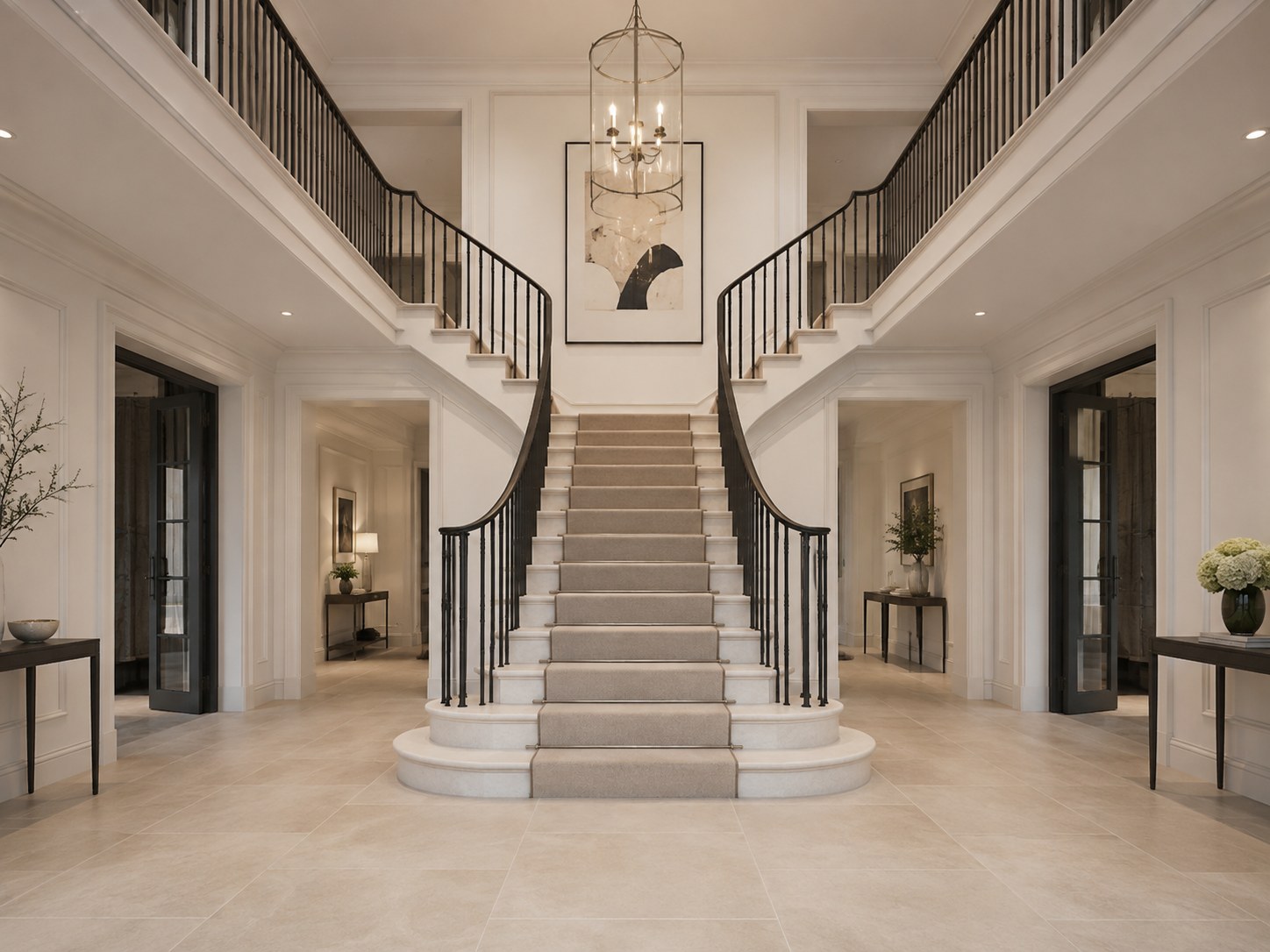 Visualisation of the double-height entrance hall: a wide stone stair with a pale runner rising to a half landing and dividing into two curved flights, black metal balustrades and timber handrails, a lantern pendant hanging in the void, panelled walls and a stone floor