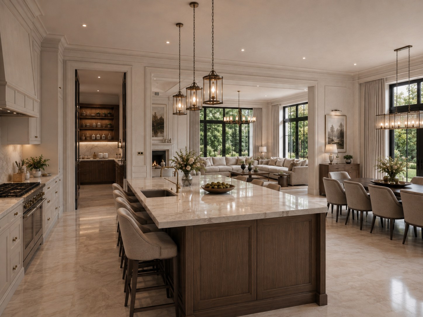 Visualisation of the open-plan kitchen, dining and family living space: a long stone-topped island with stools along one side, a range under a panelled hood, lantern pendants above the island, a seating area with a fireplace beyond and tall windows to the garden