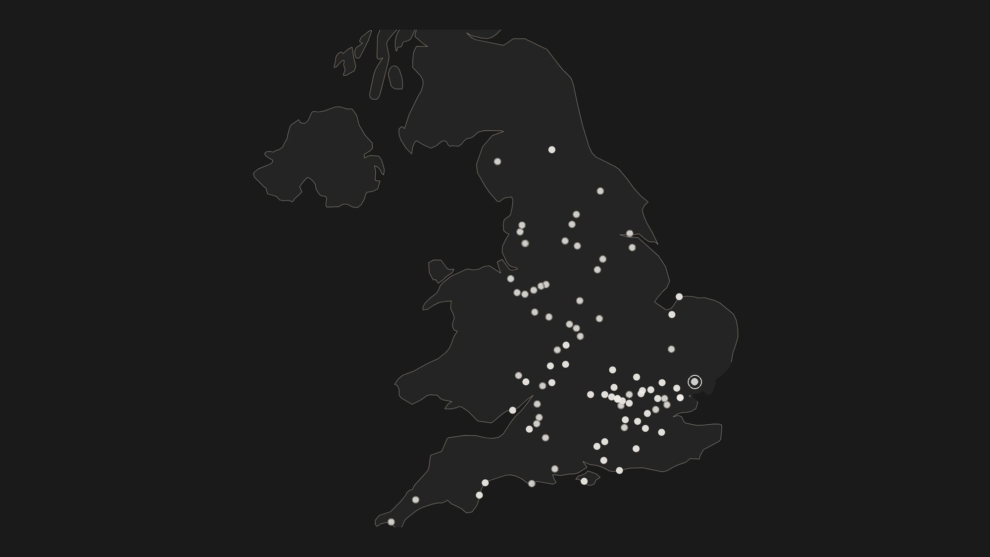 Drawn map of England and Wales with a marker on each Punch Taverns pub site appraised by Rickett Architects, the markers spread from the south west to the north east of the country, and the worked example in Essex highlighted