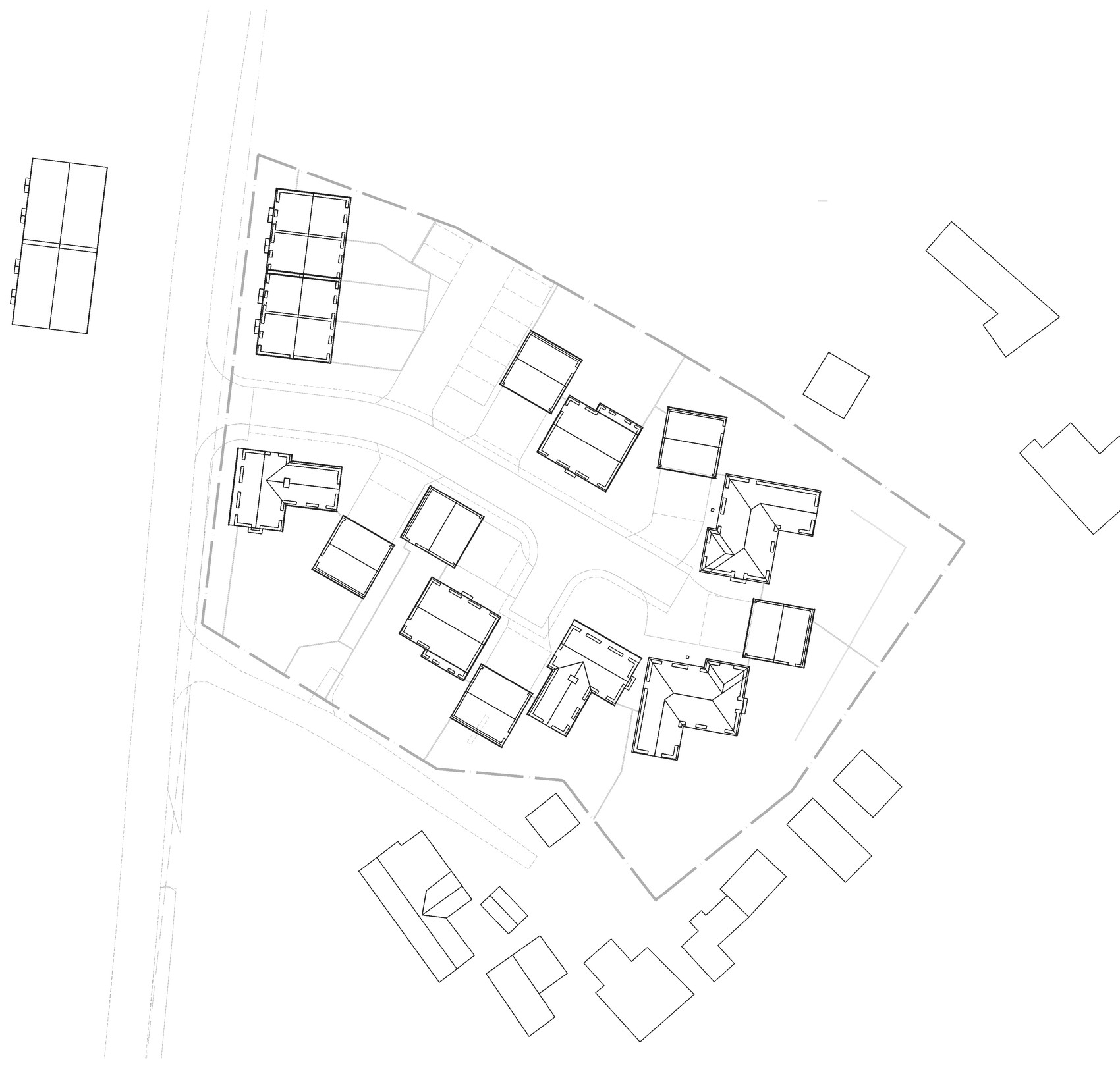Proposed site layout for the White Hart, West Bergholt: a terrace of four cottages drawn along the Nayland Road frontage at the lower left, six detached houses with their roof lines set behind around a looped private drive, parking and garden plots between them, the retained listed pub at the road frontage, and the site boundary drawn around the whole parcel